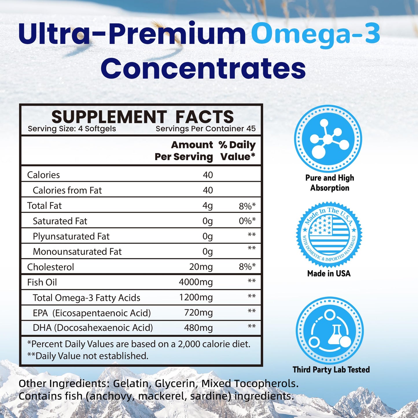 VANI Fish Oil Omega-3 4000mg Softgels, 180 Count
