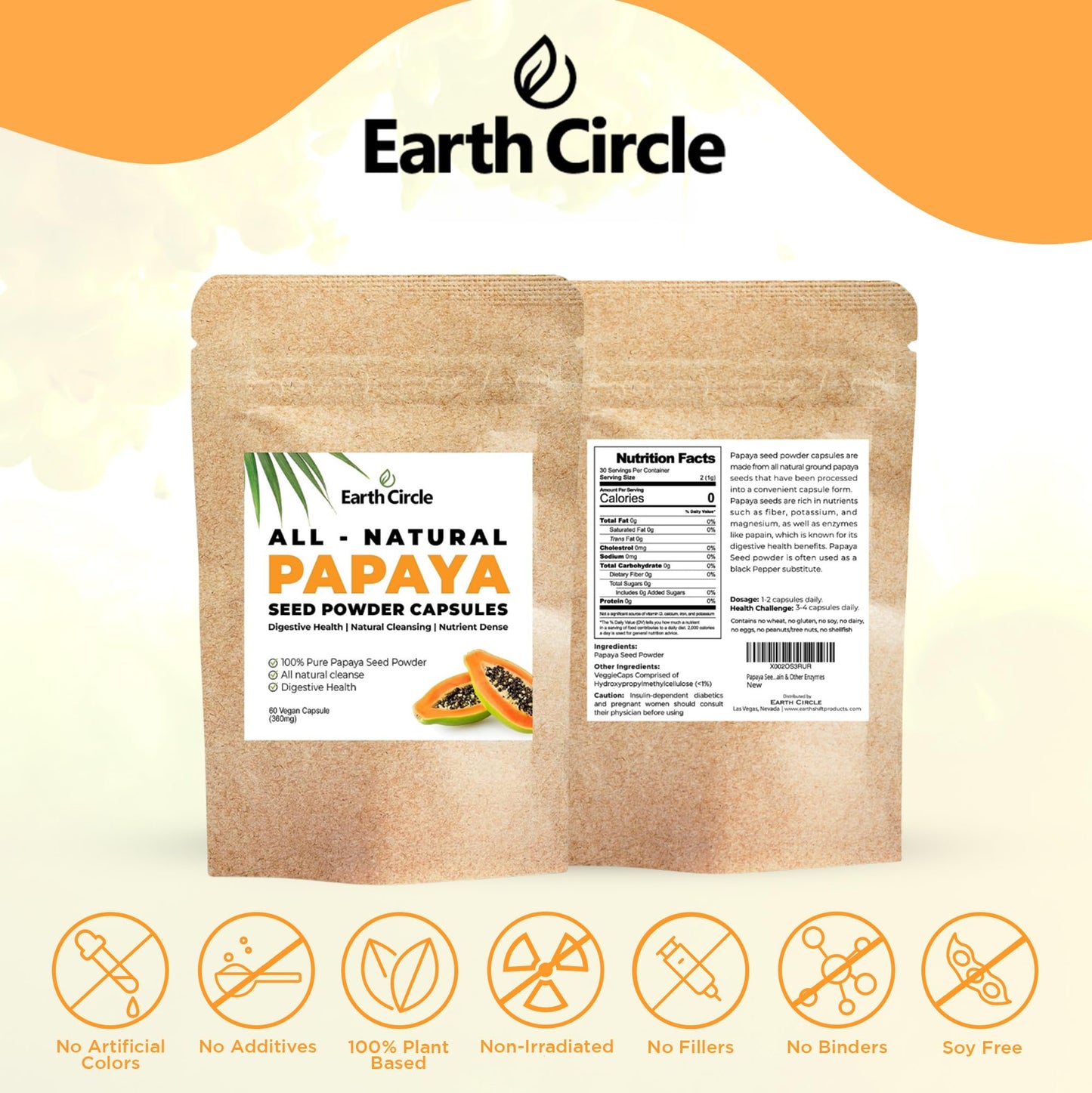 Earth Circle Organics Papaya Seed Powder Capsules 180 Capsules