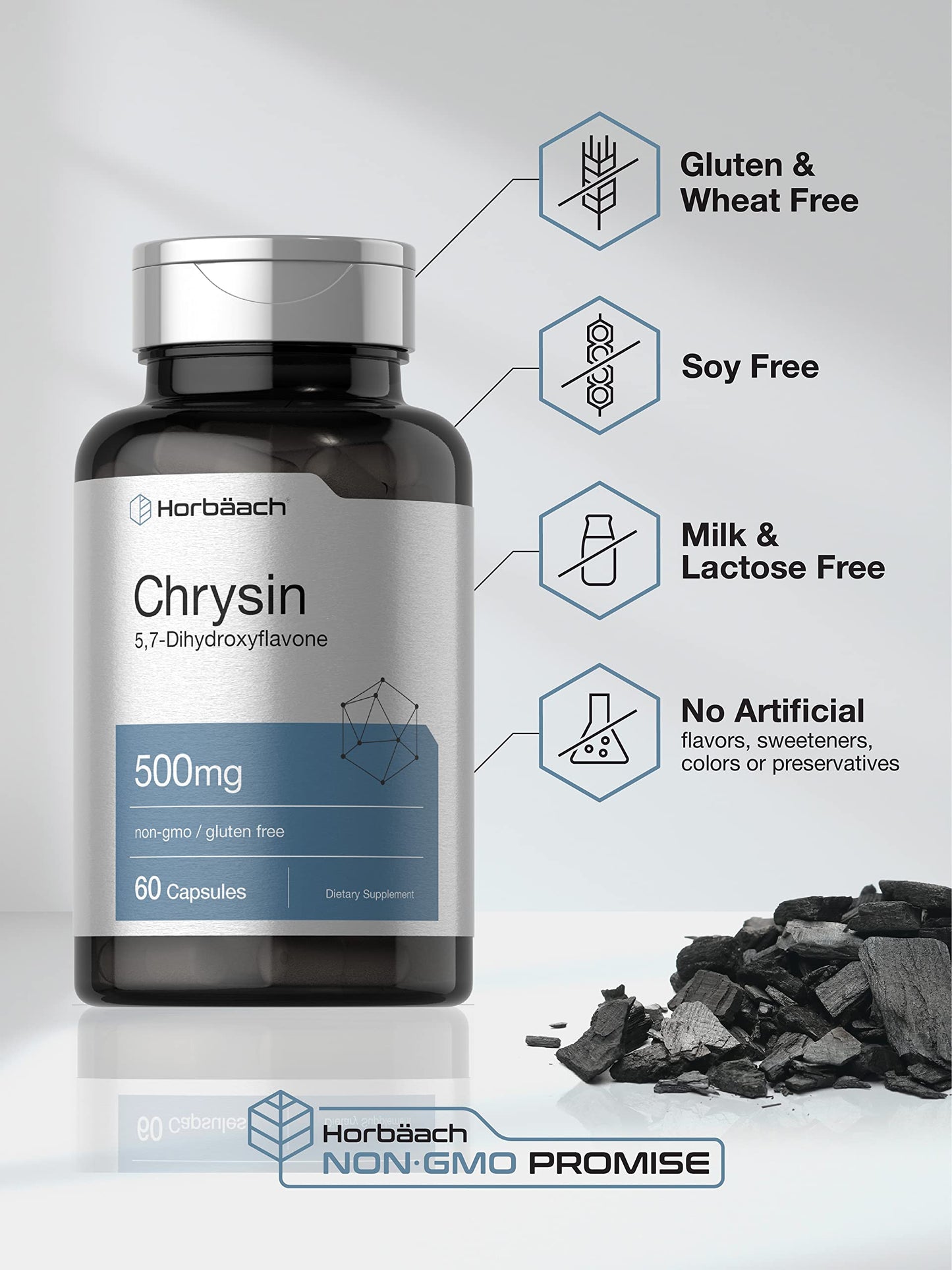 Horbäach Chrysin Supplement 500mg Capsules, 60 Count
