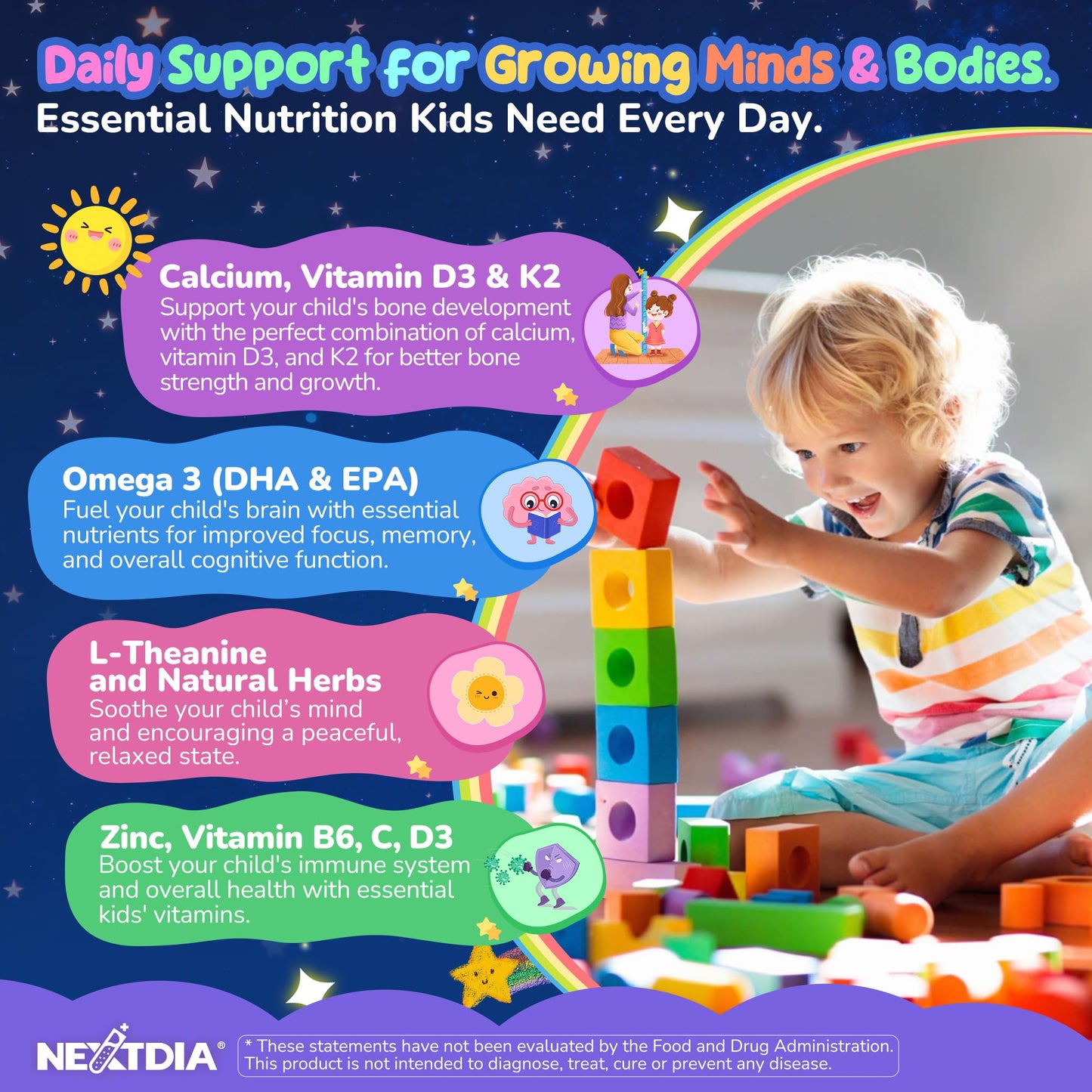 Nextdia Kids Magnesium Glycinate Gummies + Calcium + Omega-3, Melatonin Free, with L-Theanine, B6, D3 & K2, Zinc & Vitamin C, 120 Gummies