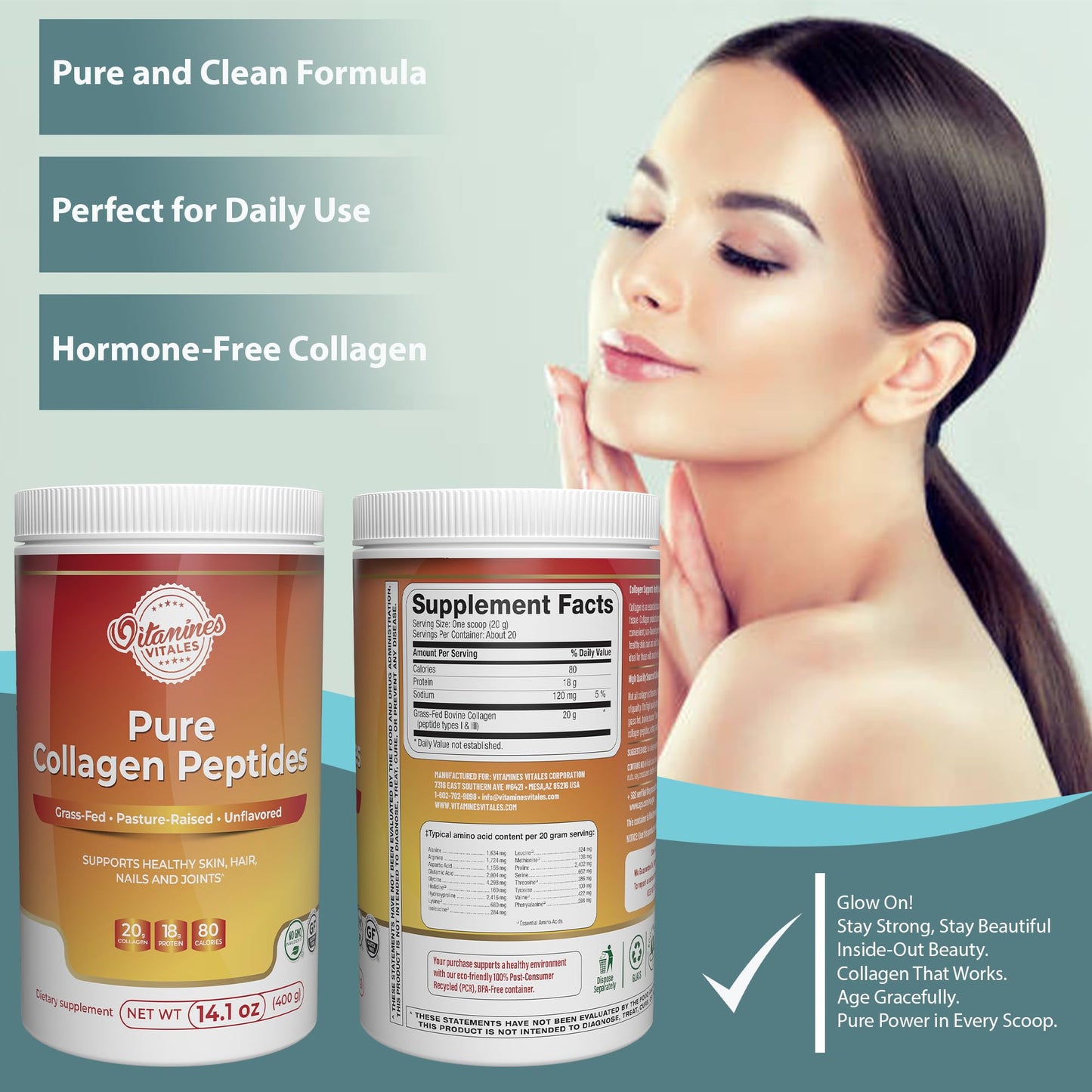 Vitamines Vitales Pure Collagen Peptides – Grass-Fed Hydrolyzed Collagen Powder, 14.1 oz
