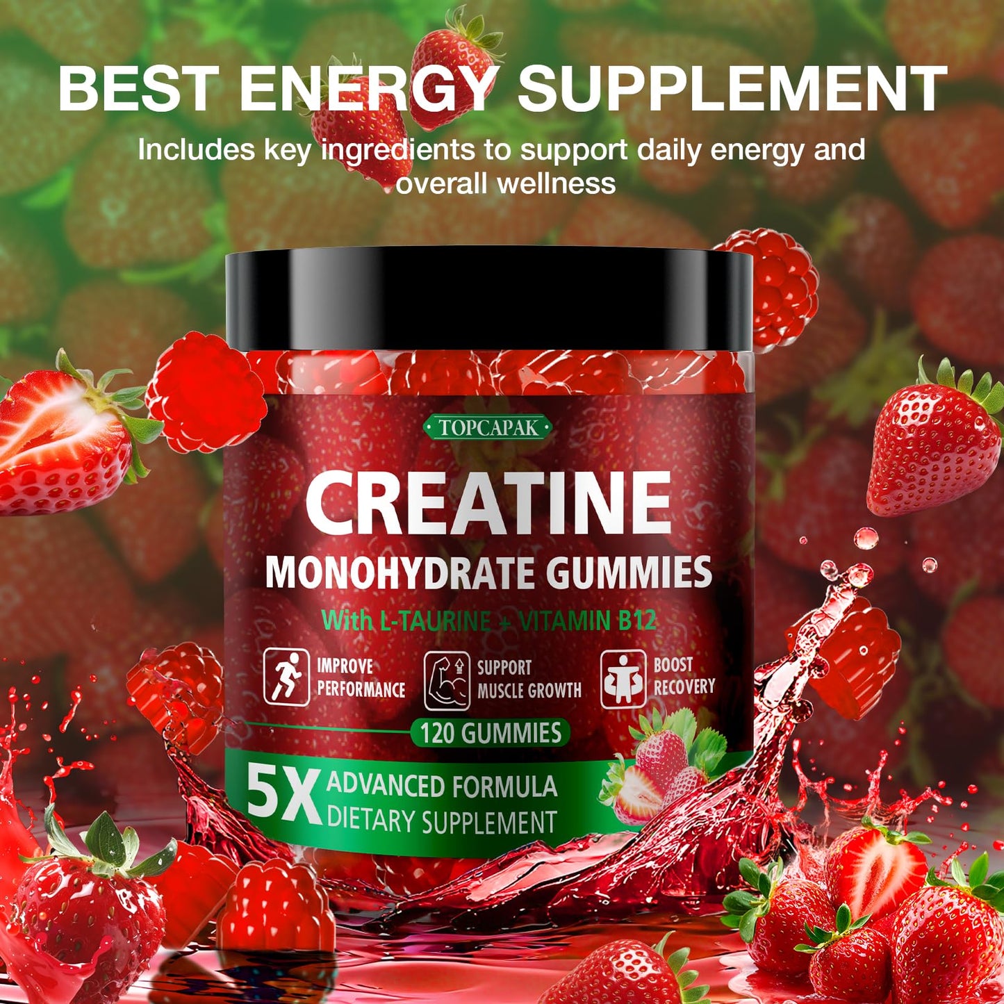 TOPCAPAK Creatine Gummies for Men & Women, Chewable Creatine Gummy with Taurine & Vitamin B12, 5g Creatine Monohydrate per Serving, 120 Gummies