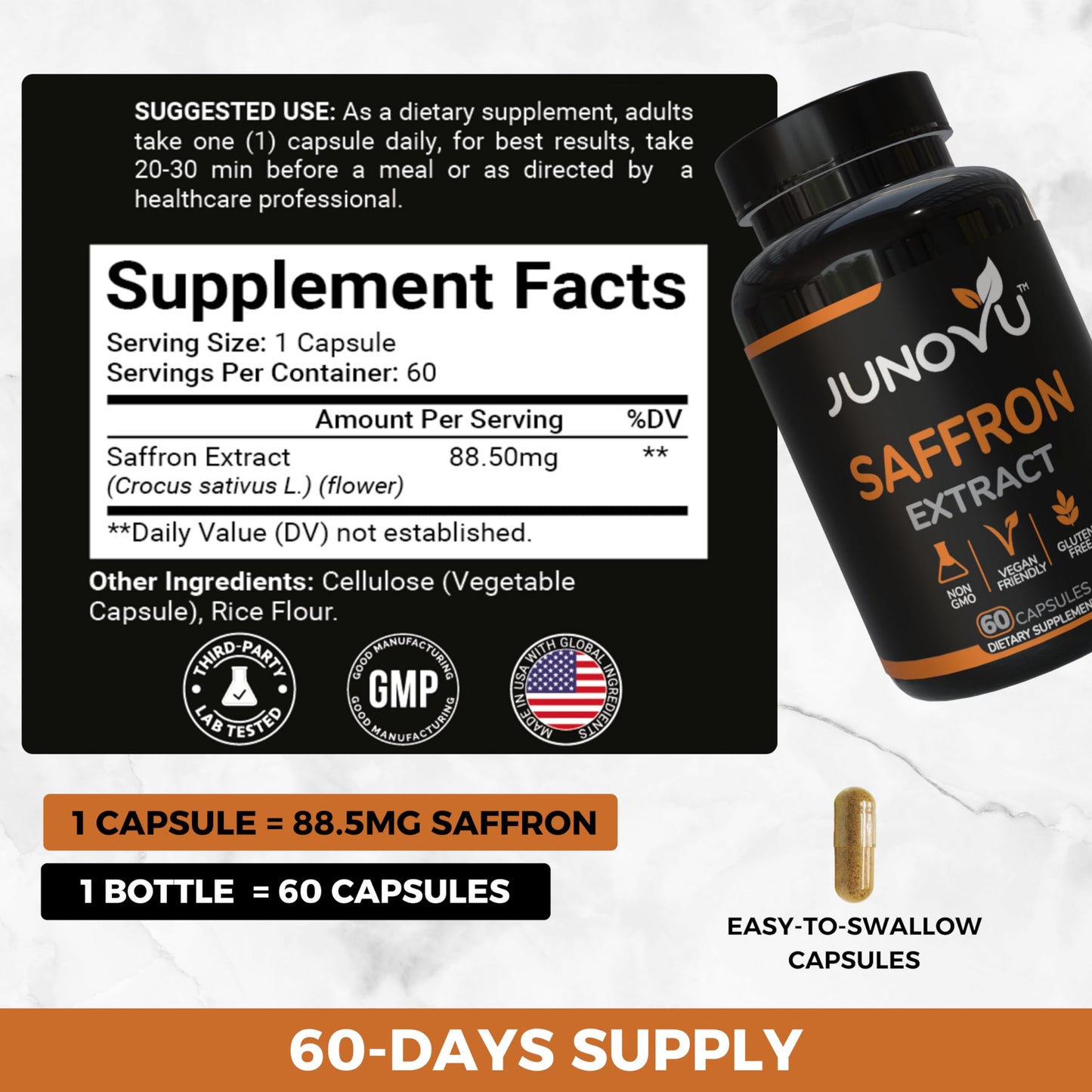 Junovu Saffron Extract Capsules 88.50mg, 120 Capsules