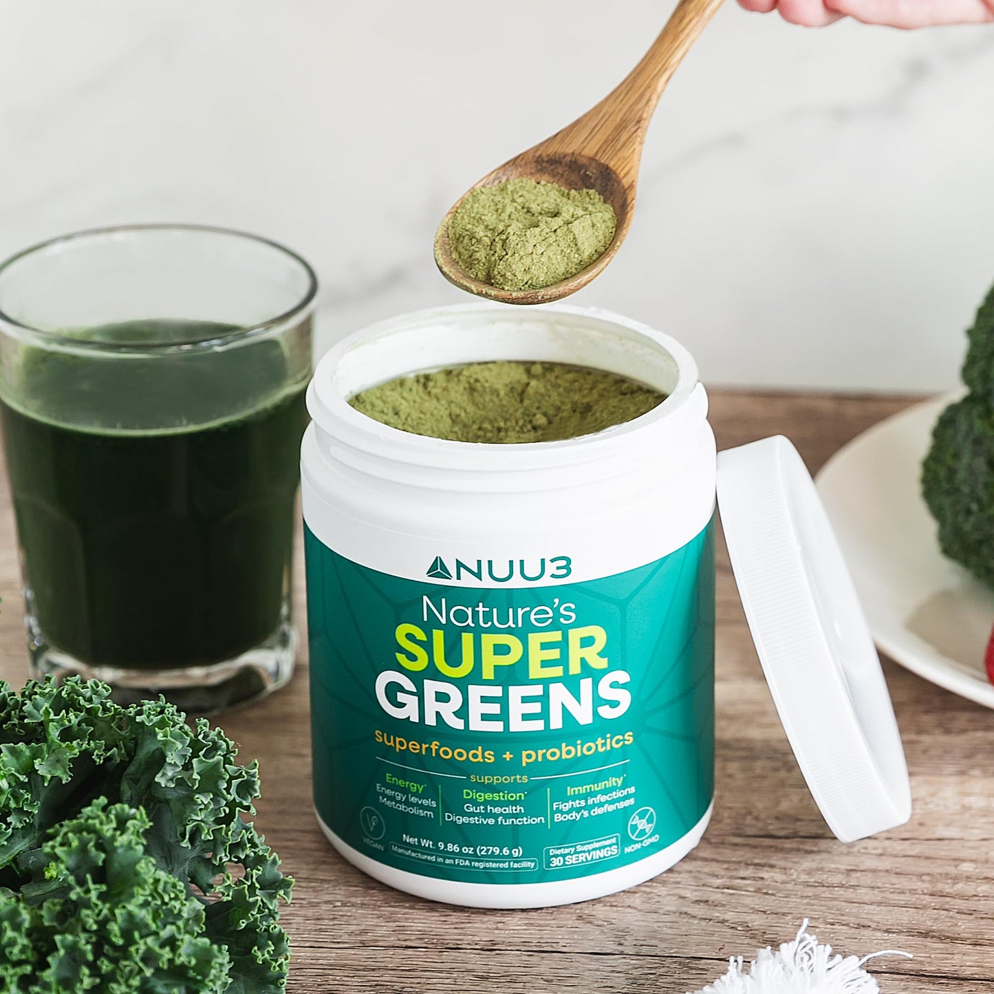 NUU3 Super Greens Superfoods + Probiotics - Immune Support, Improved Energy & Gut Health Digestive Enzymes - Boosts Immunity - 30 Servings, 9.86 oz Powder