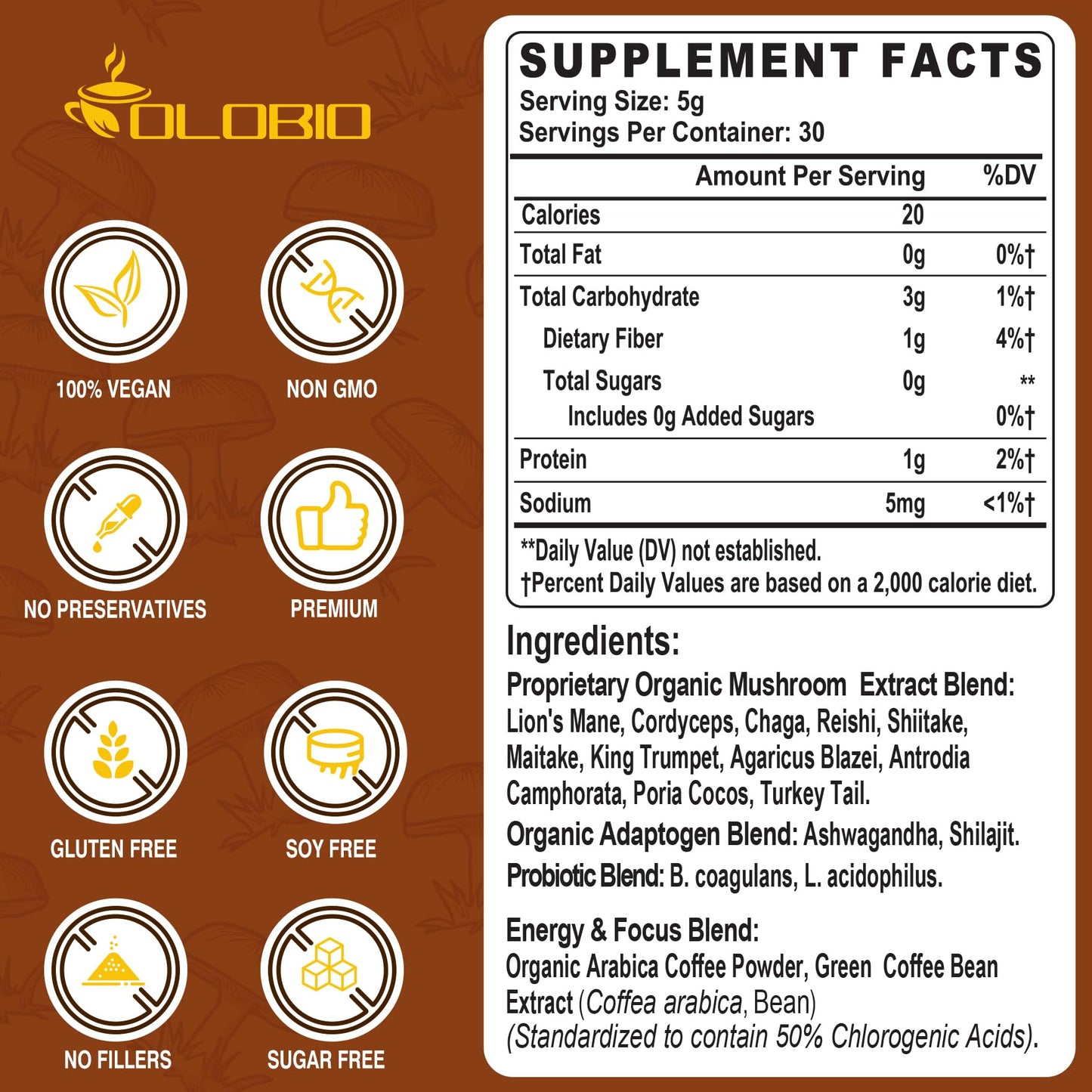 OLOBIO Mushroom Coffee Powder 5.3 oz