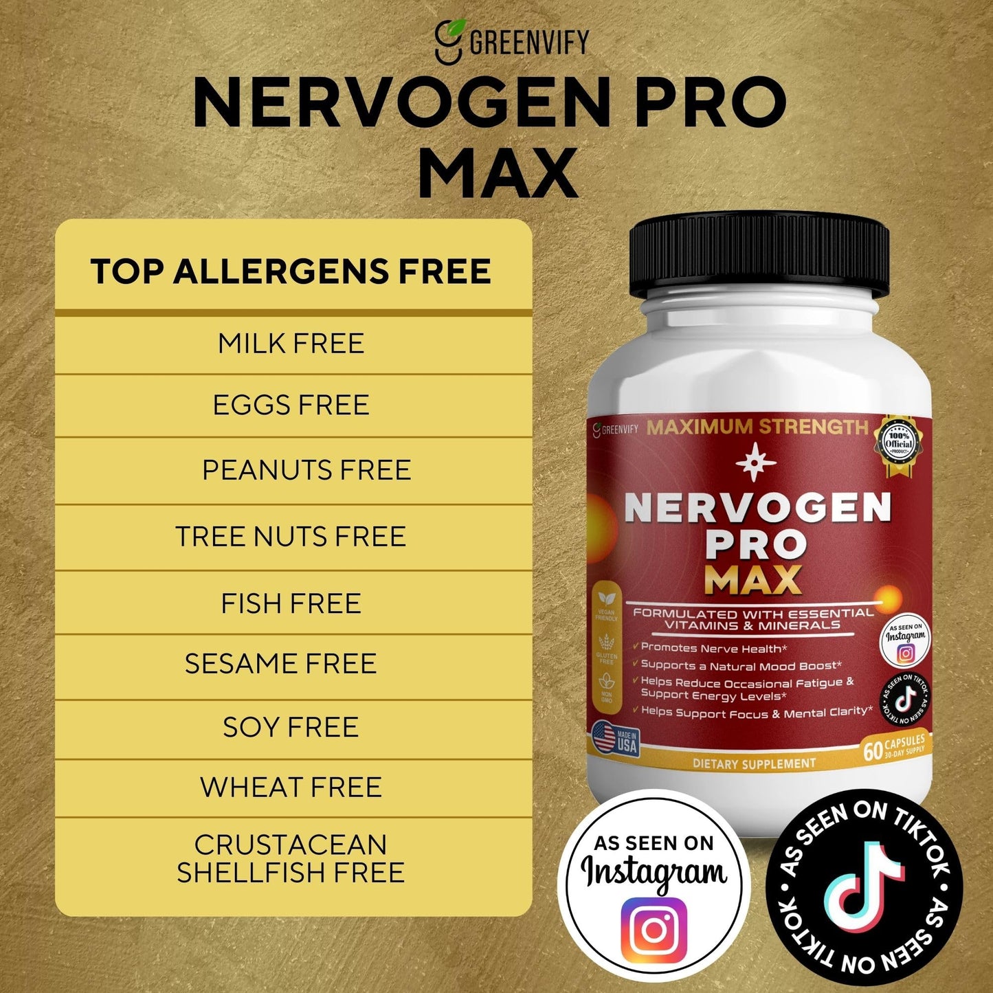 GREENVIFY Nervogen Pro Max Nerve Health Support Supplement with B Vitamins 120 Capsules