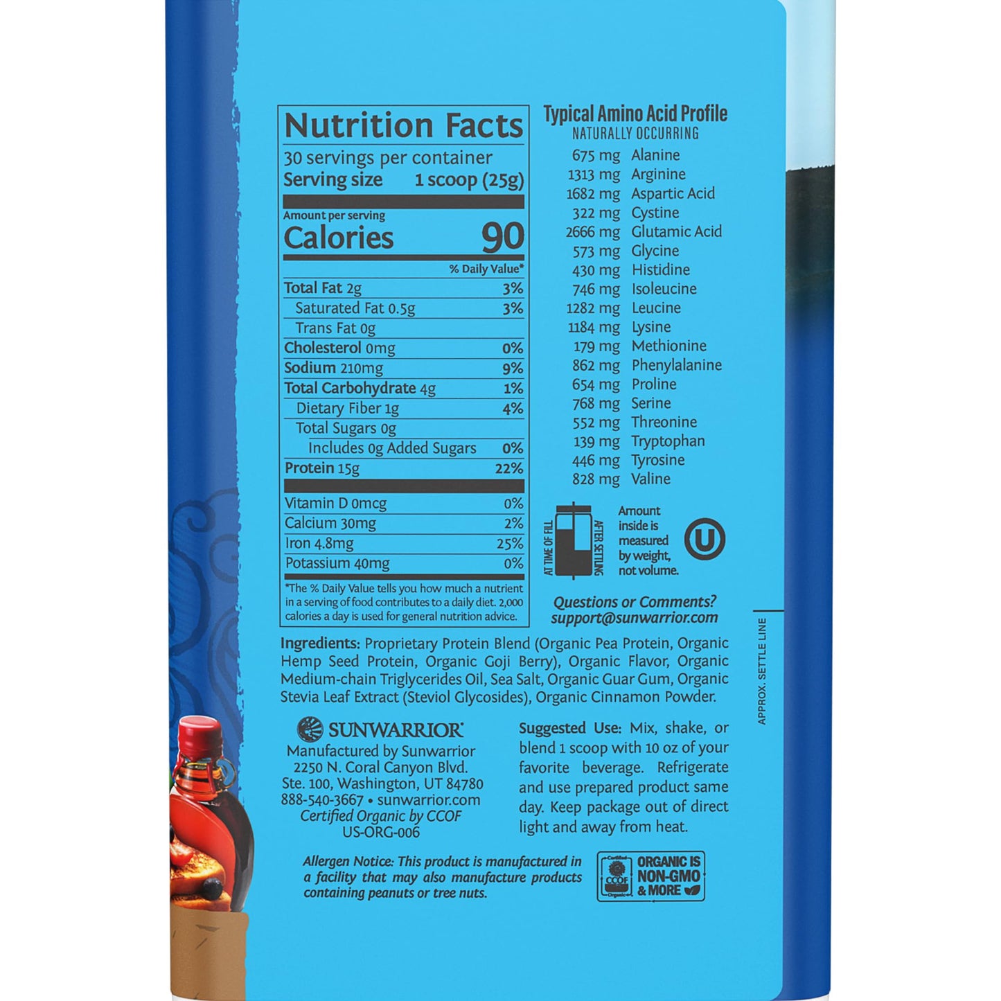 Sunwarrior Organic Plant Based Protein Powder Maple Flavor, 30 Servings
