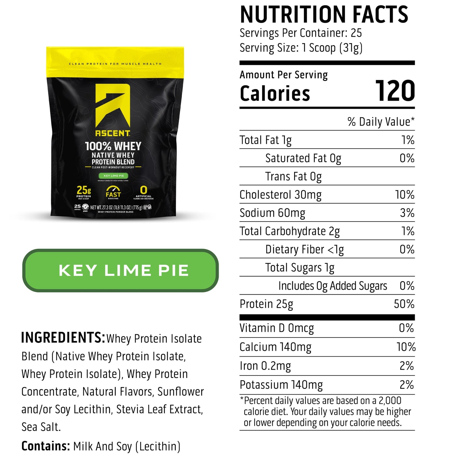 Ascent 100% Whey Protein Powder Key Lime Pie, 1.71 lb