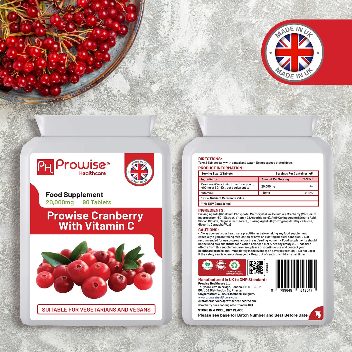 PH PROWISE Healthcare Double Strength Cranberry 20,000mg Added with Vitamin C Tablets - 90 Count