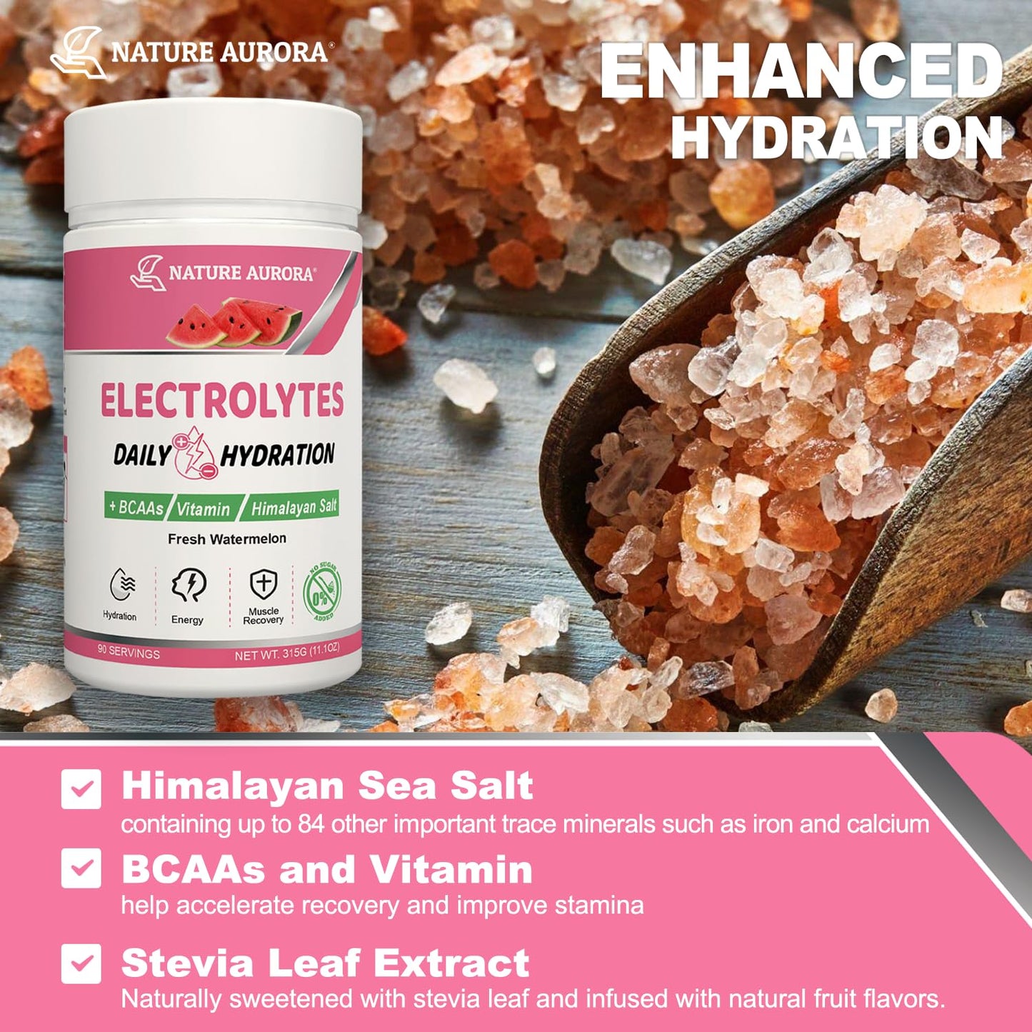 Nature Aurora Electrolytes Powder No Sugar, Fresh Watermelon Flavor, 90 Servings, 11.1 oz
