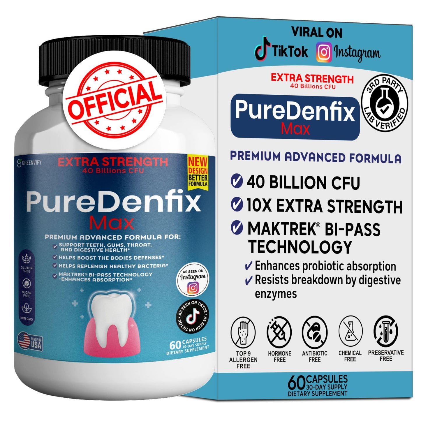 PureDenfix Max Extra Strength Probiotic Supplement with 40 Billion CFU Supports Teeth, Gums, Ears, Nose, Throat & Digestive Health, 60 Capsules