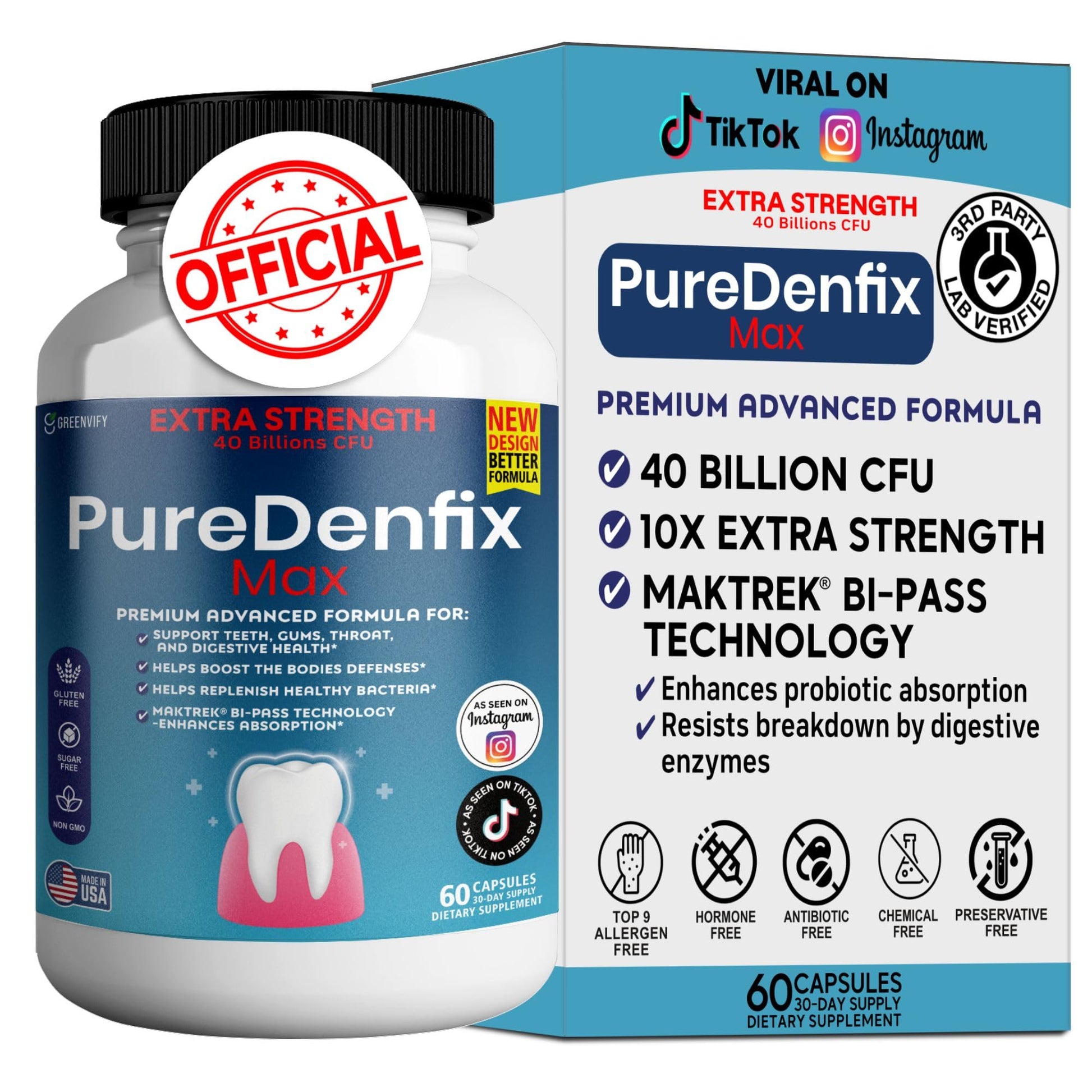 PureDenfix Max Extra Strength Probiotic Supplement with 40 Billion CFU Supports Teeth, Gums, Ears, Nose, Throat & Digestive Health, 60 Capsules