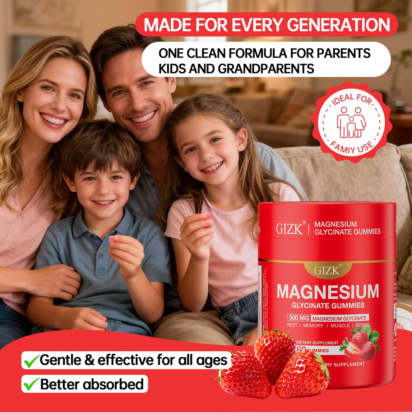 SAYIDON Magnesium Glycinate Gummies 500mg, Sugar Free Strawberry Flavor, 60 Count