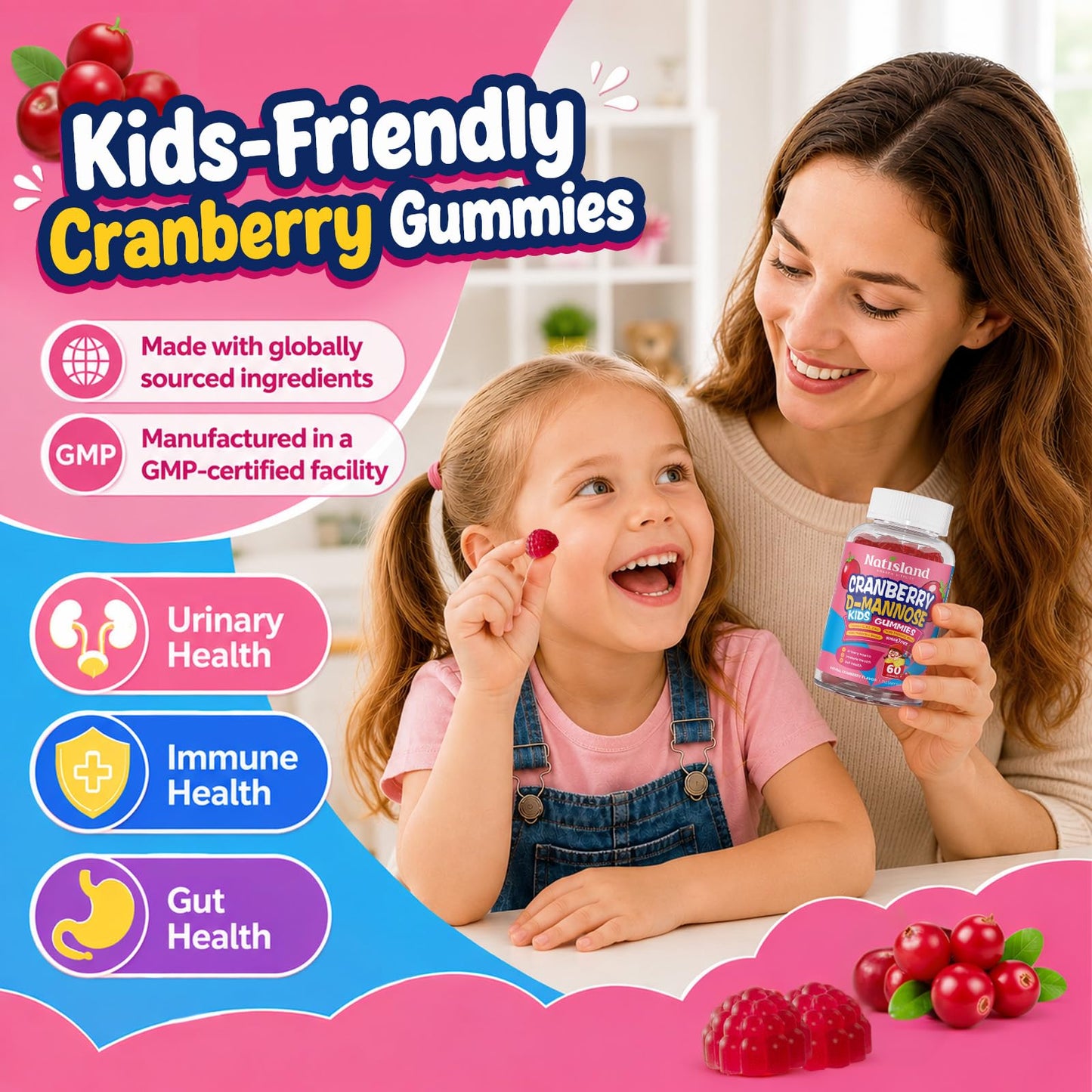 NATISLAND Cranberry & D-Mannose Gummies for Kids 4+ 60 Count