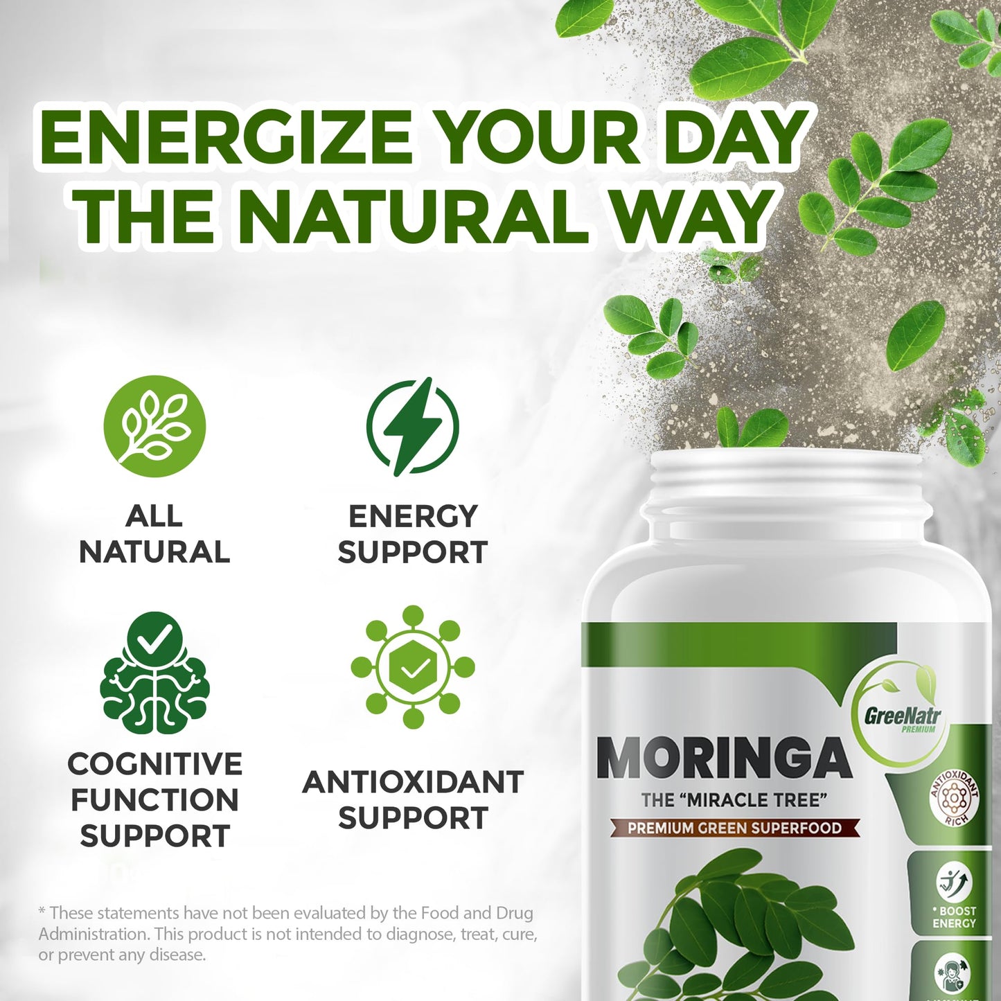 GreeNatr Pure Moringa Oleifera Green Superfood Capsules, 60 Count