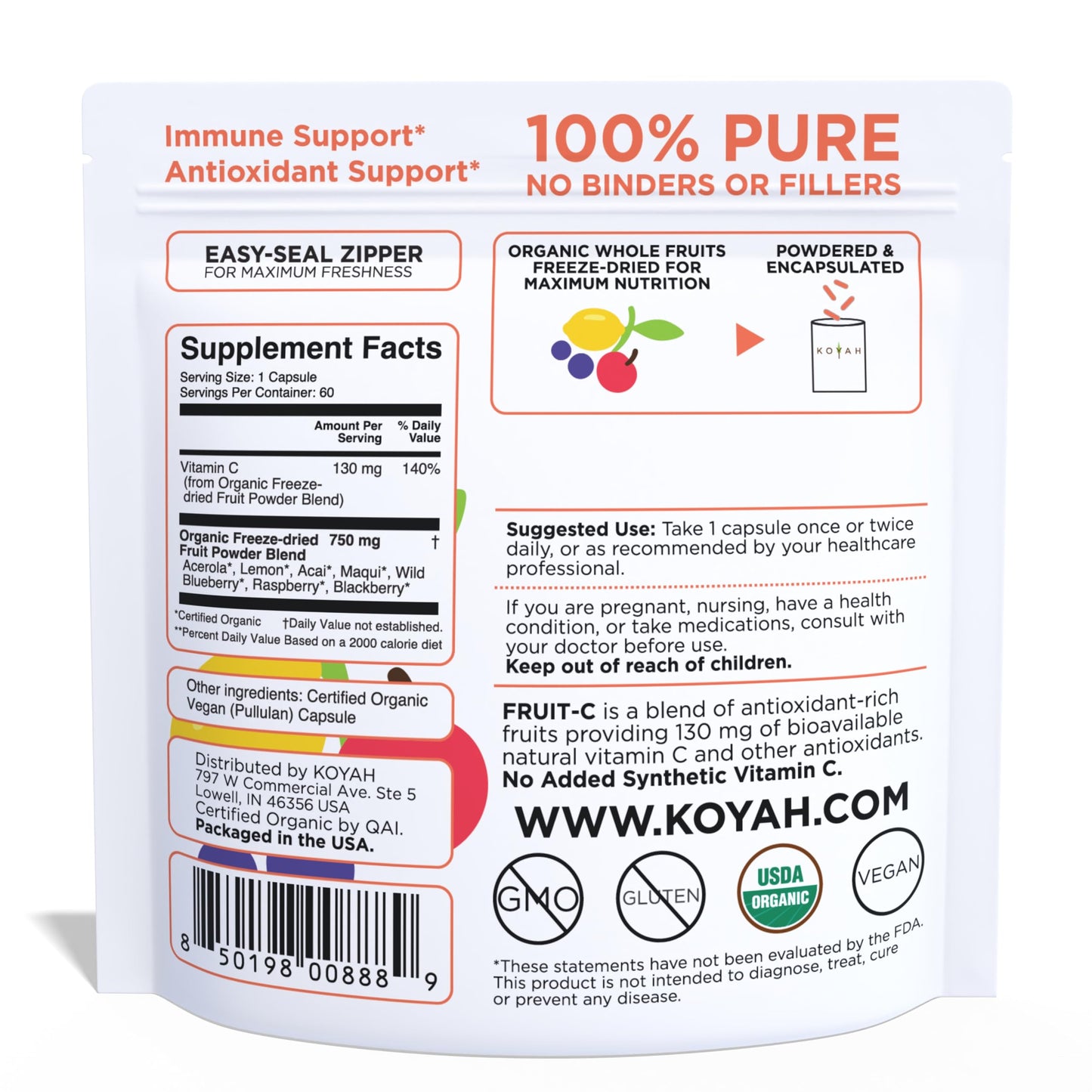 KOYAH Fruit-C Whole Food Vitamin C Capsules, 60 Count