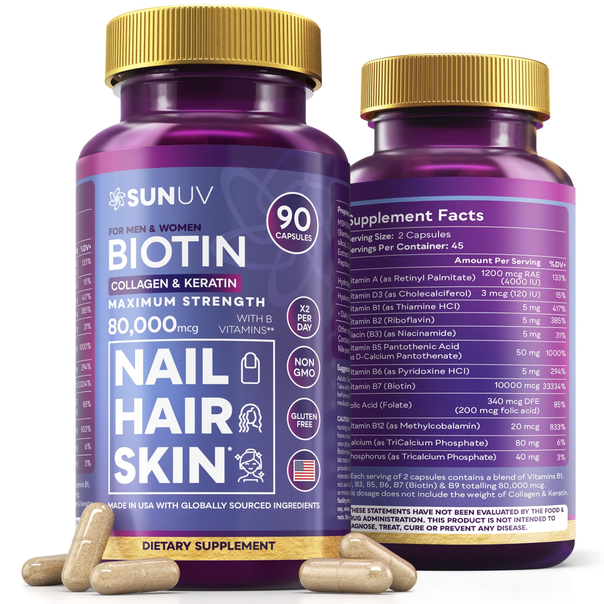 SUNUV Biotin 10,000mcg Collagen Keratin Hyaluronic Acid Hair Growth Vitamins for Hair Skin & Nails Support 90 Capsules