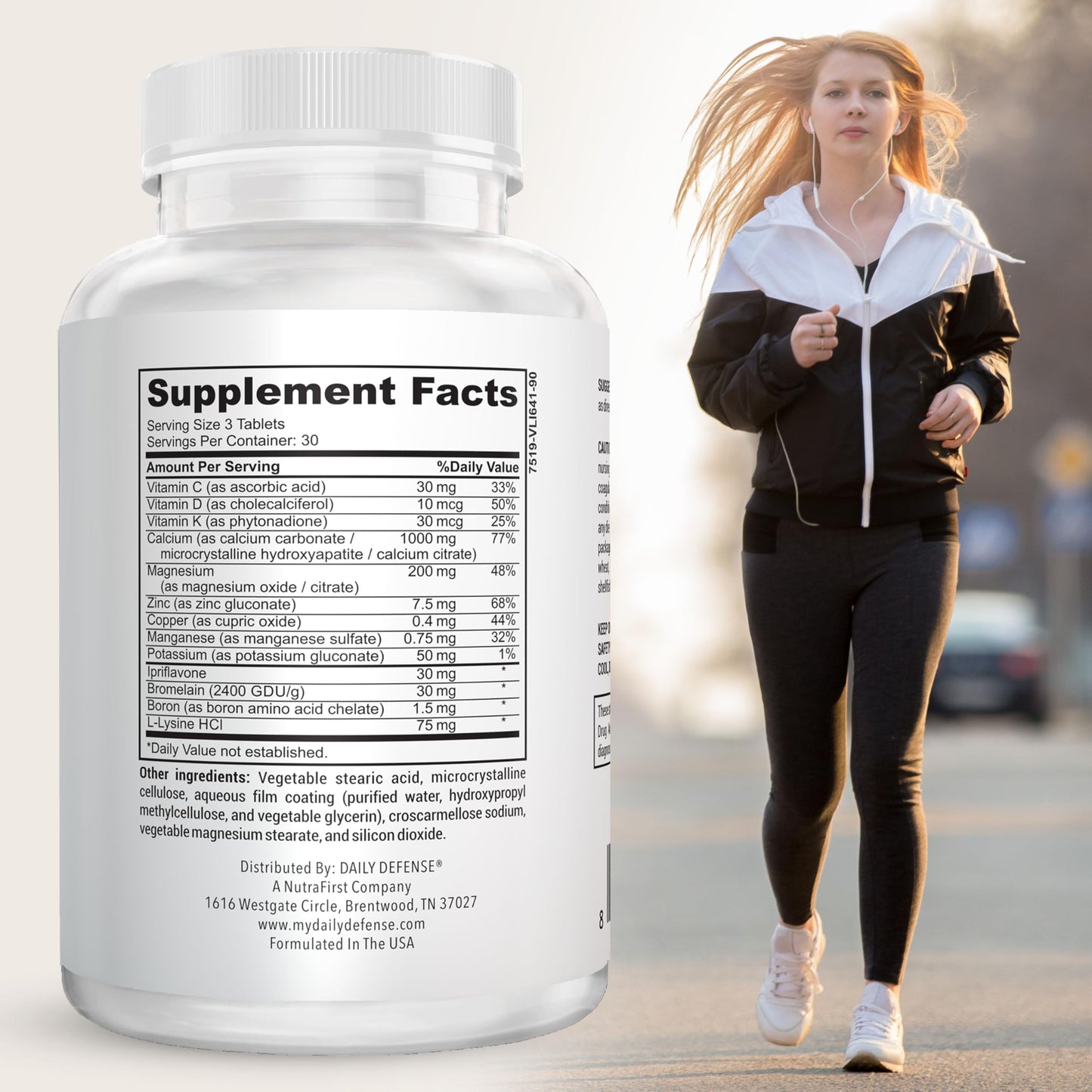 Daily Defense Calcium Supplements for Women & Men - Bone Support Formula with Calcium 1000mg, Magnesium, L-Lysine HCl, 90 Tablets