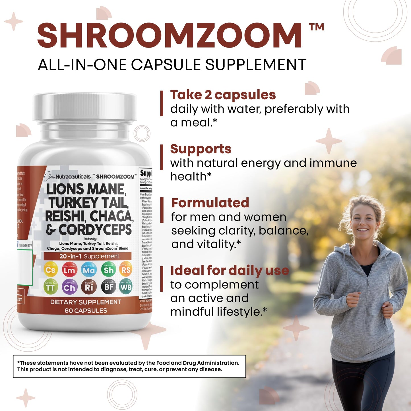 Clean Nutraceuticals Lions Mane 20in1 Mushroom Supplement with Turkey Tail Reishi Cordyceps Chaga Maitake Meshima Poria Cocos Shiitake Oyster Porcini Enoki, 60 Capsules