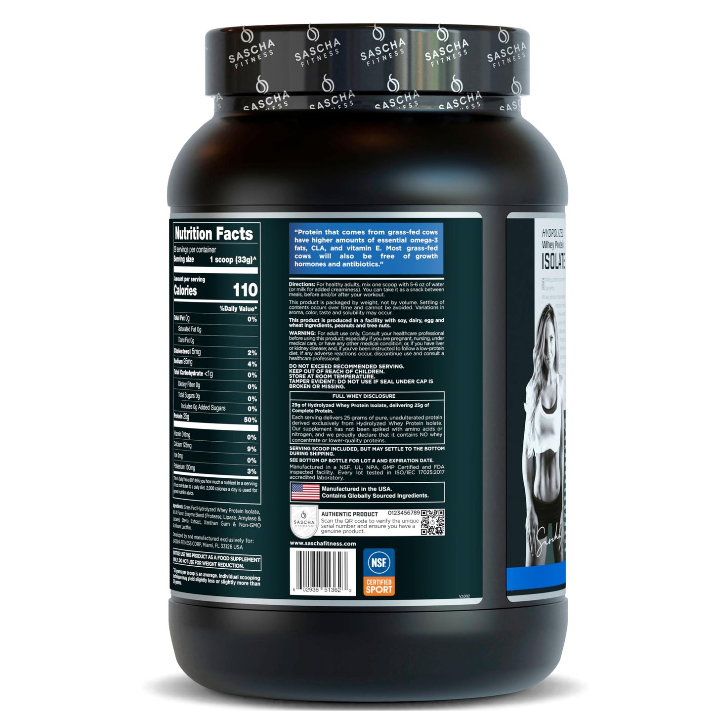SASCHA FITNESS Hydrolyzed Whey Protein Isolate Powder, Vanilla, 32 oz