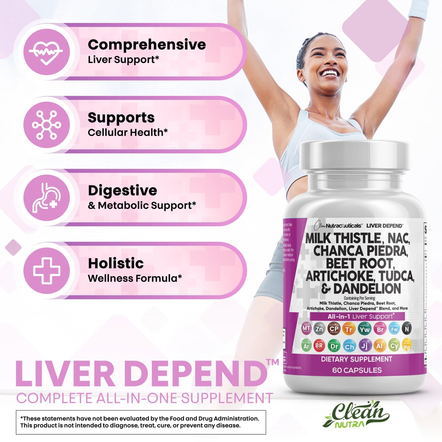 Clean Nutraceuticals Liver Cleanse Herbal Supplement with Milk Thistle, NAC, Chanca Piedra, Beet Root, Artichoke, Astragalus, Dandelion Root, TUDCA, Choline & Ginger, 60 Capsules