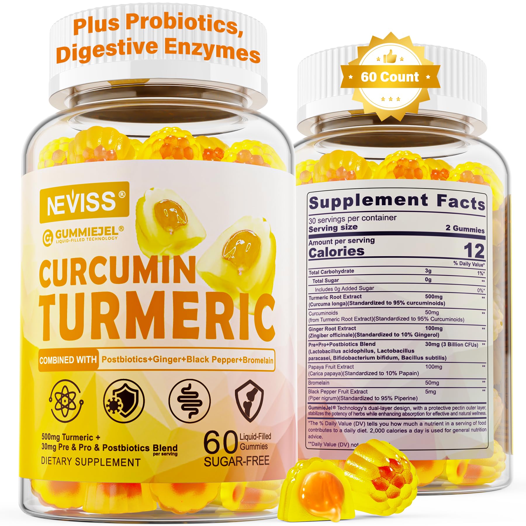 NEVISS Sugar Free Turmeric Curcumin Filled Gummy 550mg for Adults, Ginger & Black Pepper, 95% Curcuminoids, Prebiotic Probiotic & Postbiotic Blend, Vegan, 60 Count
