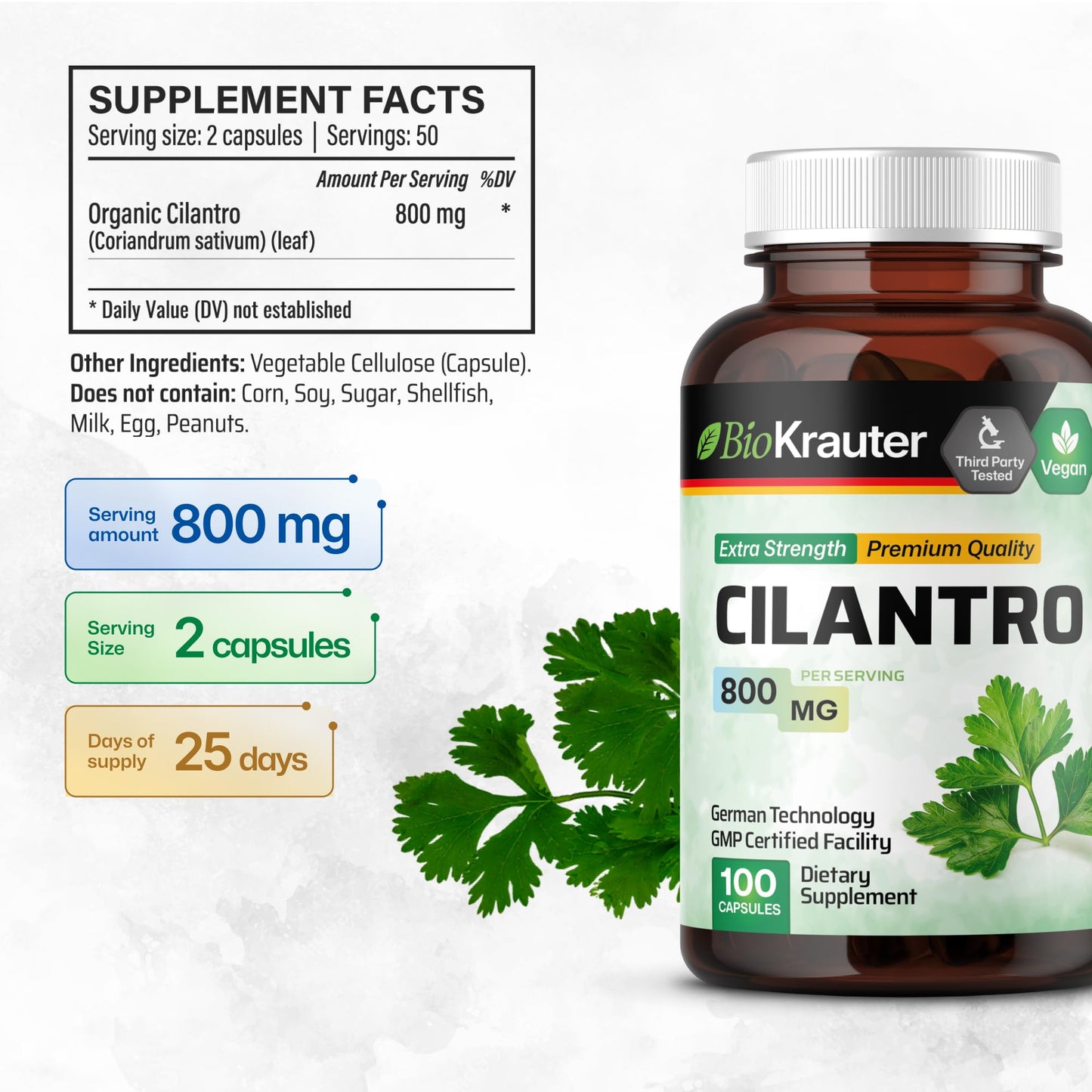 BIO KRAUTER Cilantro for Detox Cleanse, Coriander Leaf Powder Capsules 100 Capsules