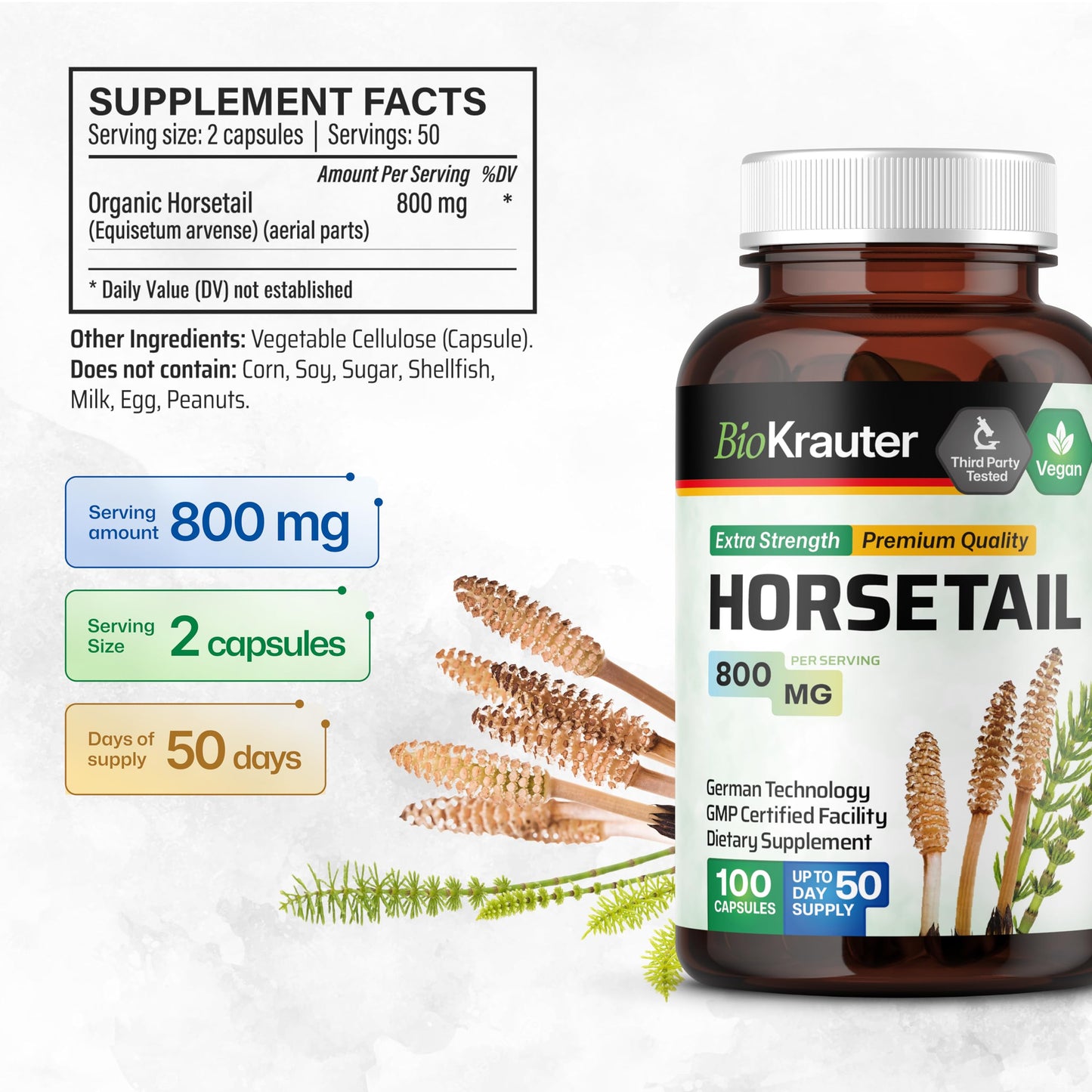 BIO KRAUTER Horsetail Supplement for Hair, Skin & Nails Capsules 800 mg per Serving, 100 Count