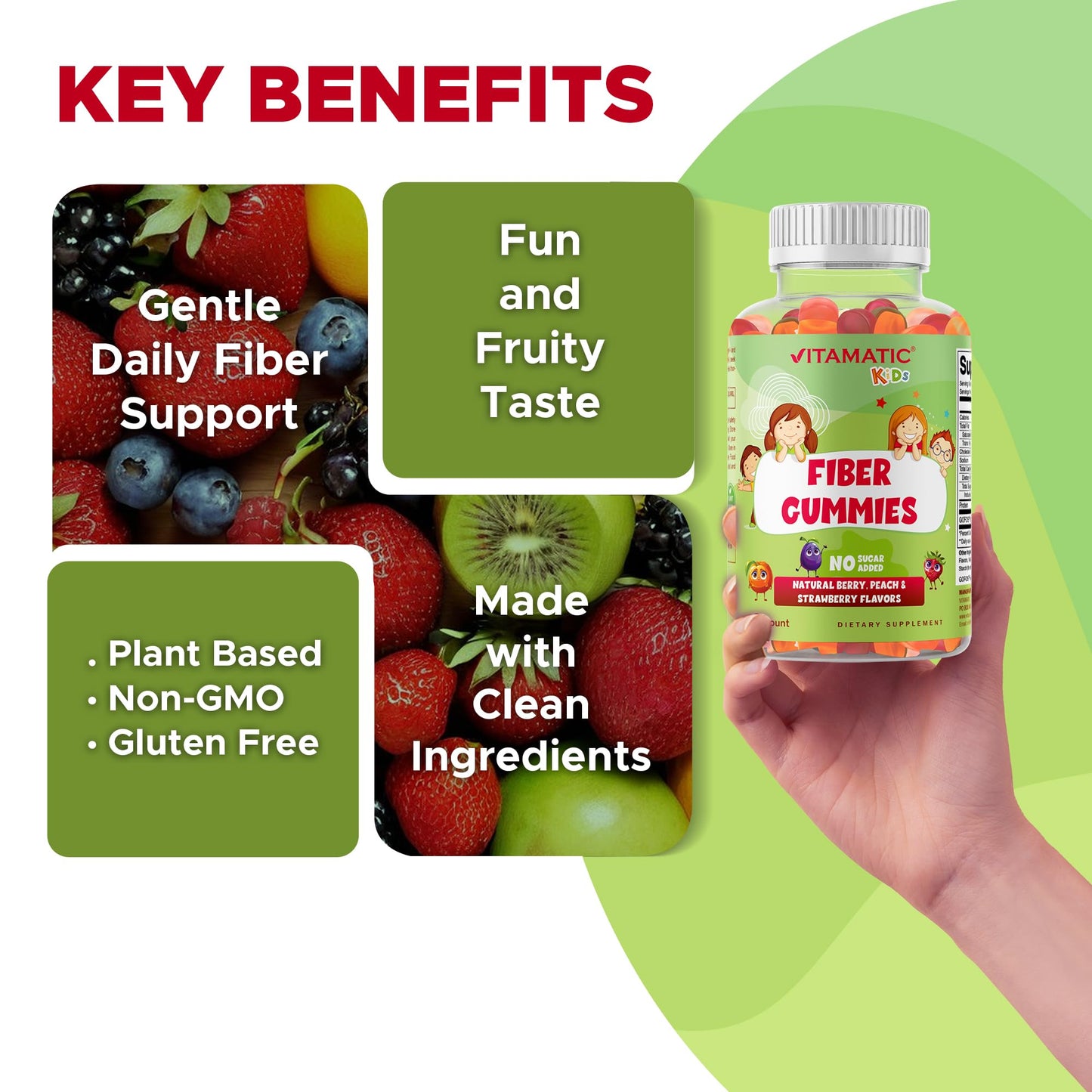 Vitamatic Kids Prebiotic Fiber Gummies Extra Strength 4g Fiber Zero Sugar Added Digestive Health & Regularity Support, 60 Count