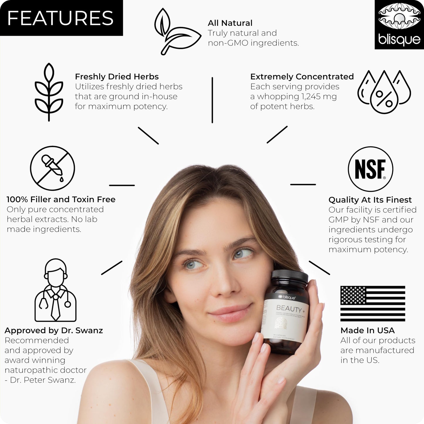 Blisque Natural Beauty Supplement for Nail Strength, Hair Growth, and Skin Care with Biotin & Hyaluronic Acid Capsule, 90 Count