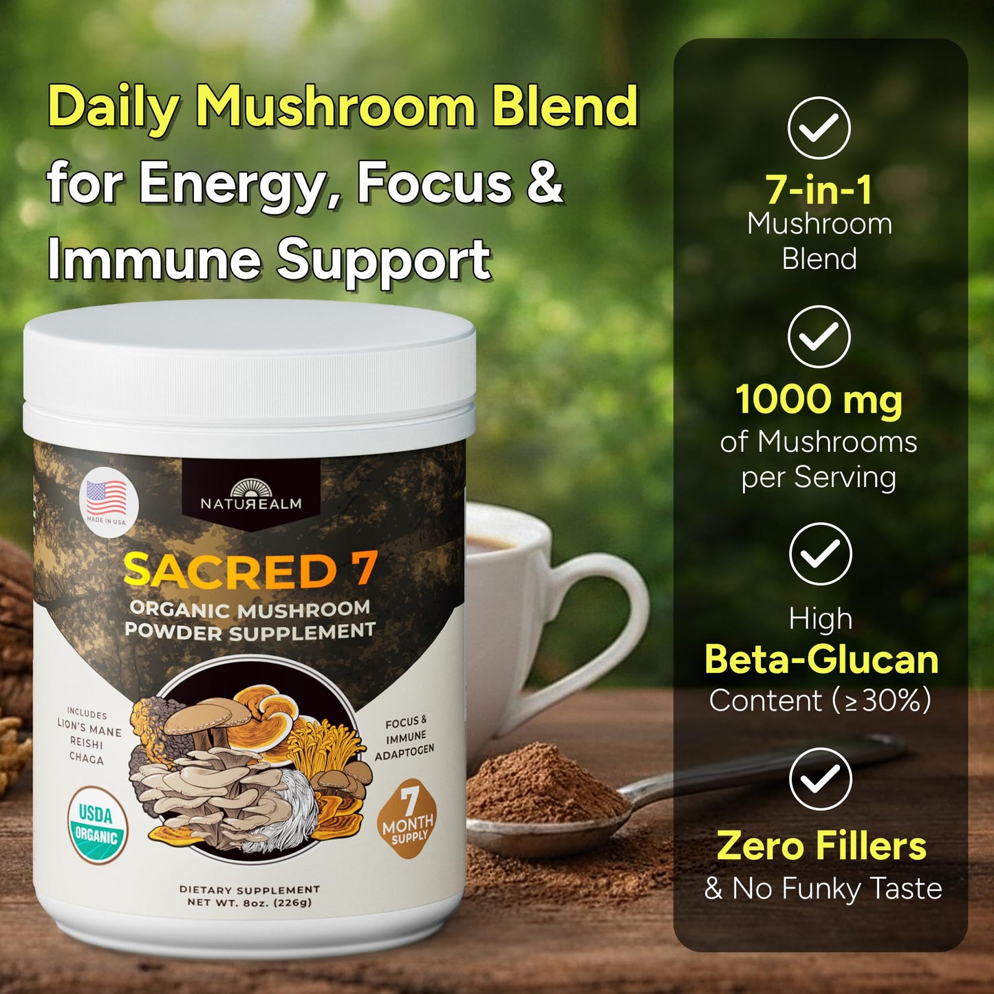 Naturealm Sacred 7 Organic Mushroom Powder Blend, Powder, 8 Ounce