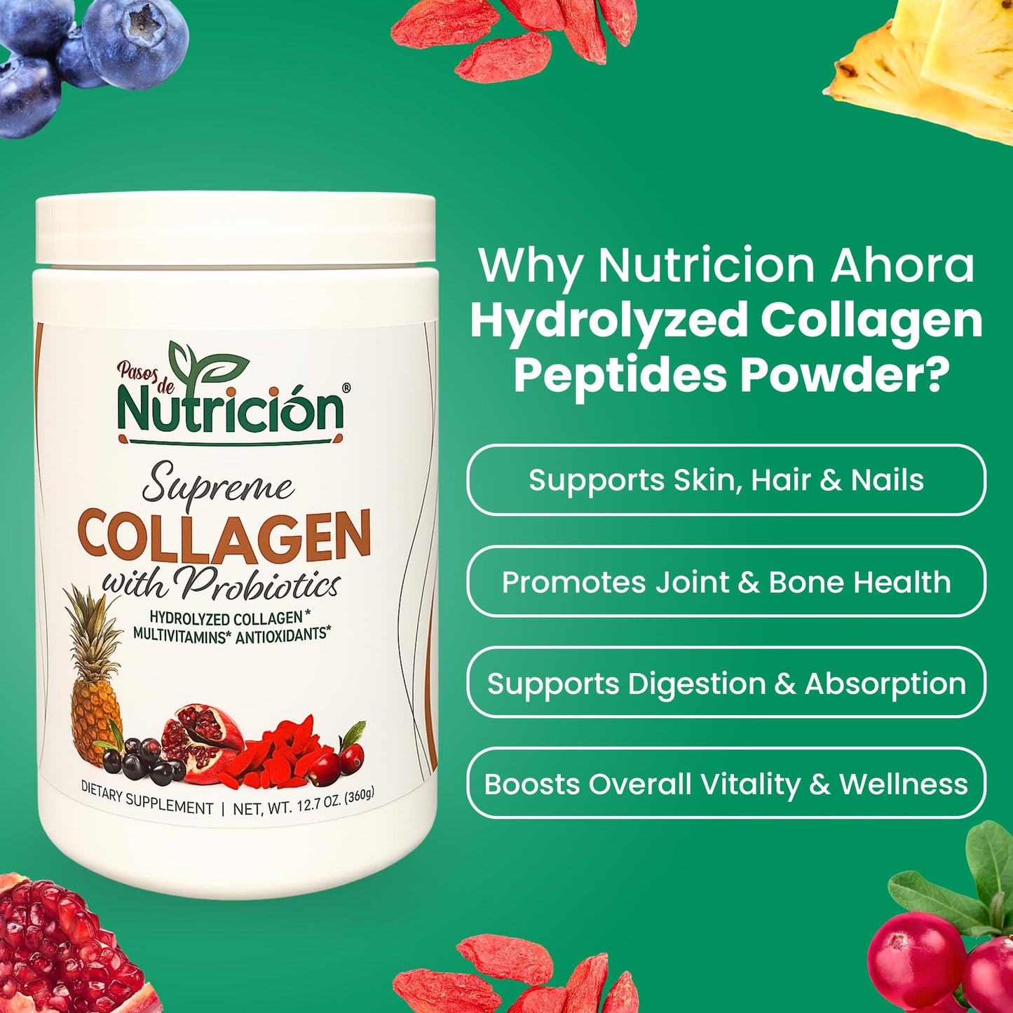 PASOS DE NUTRICION Hydrolyzed Collagen Peptides Powder, 12.07 Oz