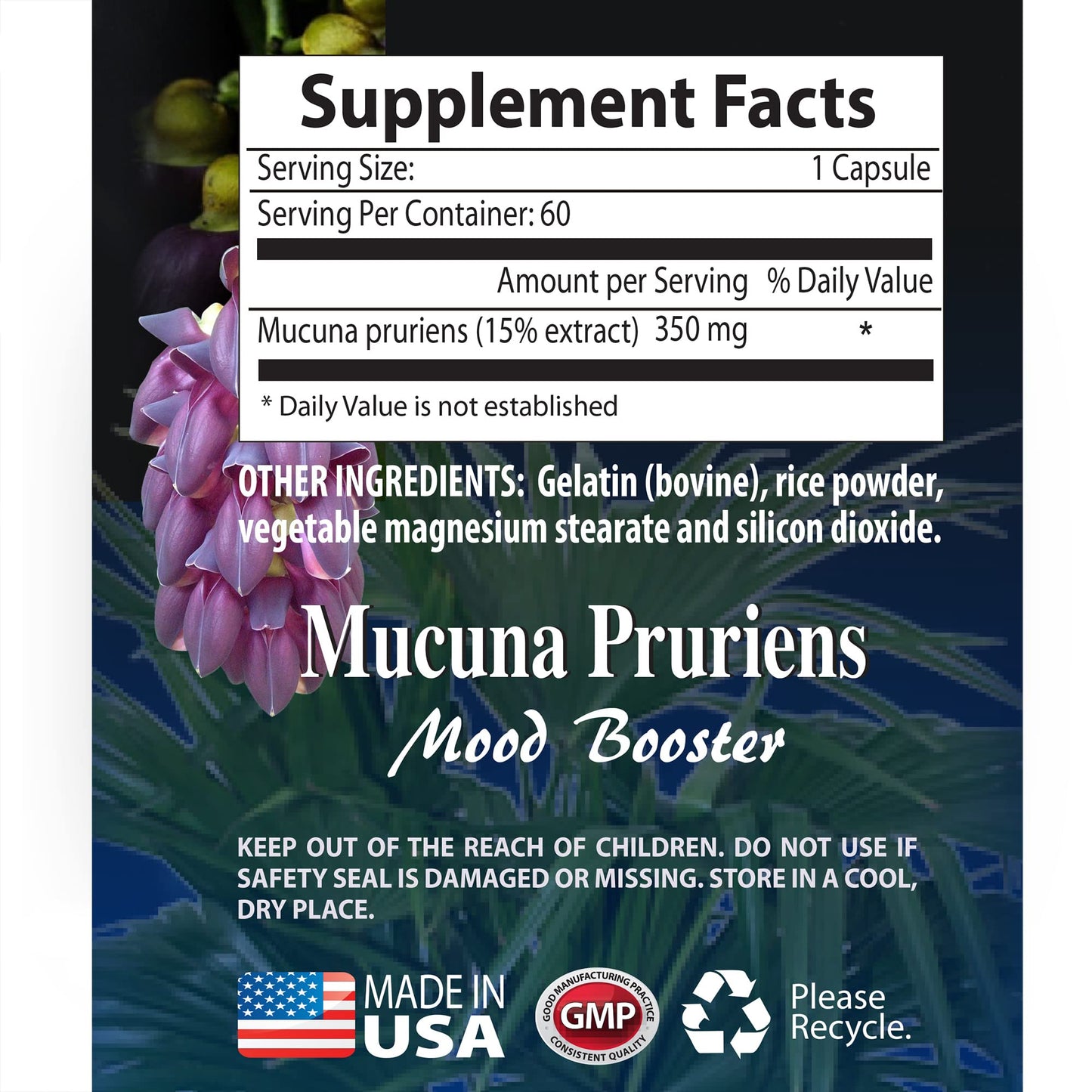Health Solution Prime Mucuna Pruriens Velvet Bean Extract 350 mg Capsules 180 Count