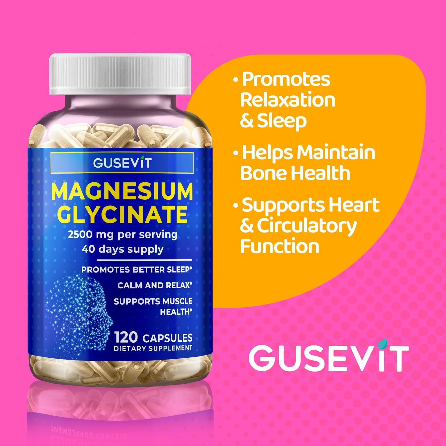 Gusevit Magnesium Glycinate Supplement Capsules, 120 Capsules