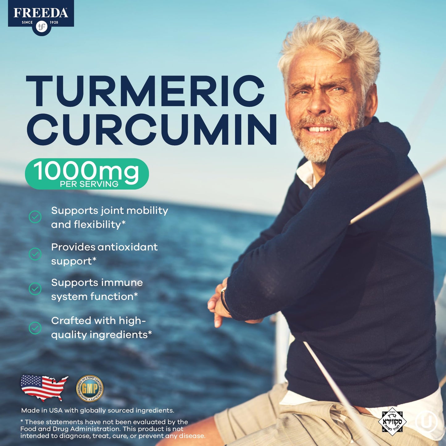 FREEDA Turmeric Curcumin Supplement 1000mg with Black Pepper Capsule, 90 Count