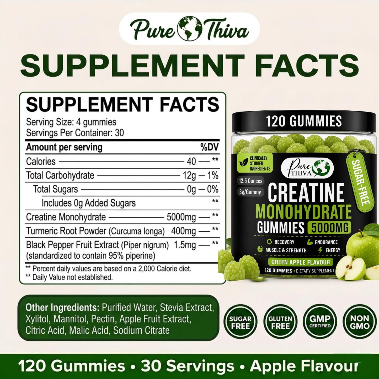 PureThiva Creatine Monohydrate Gummies 5000mg 120 Count