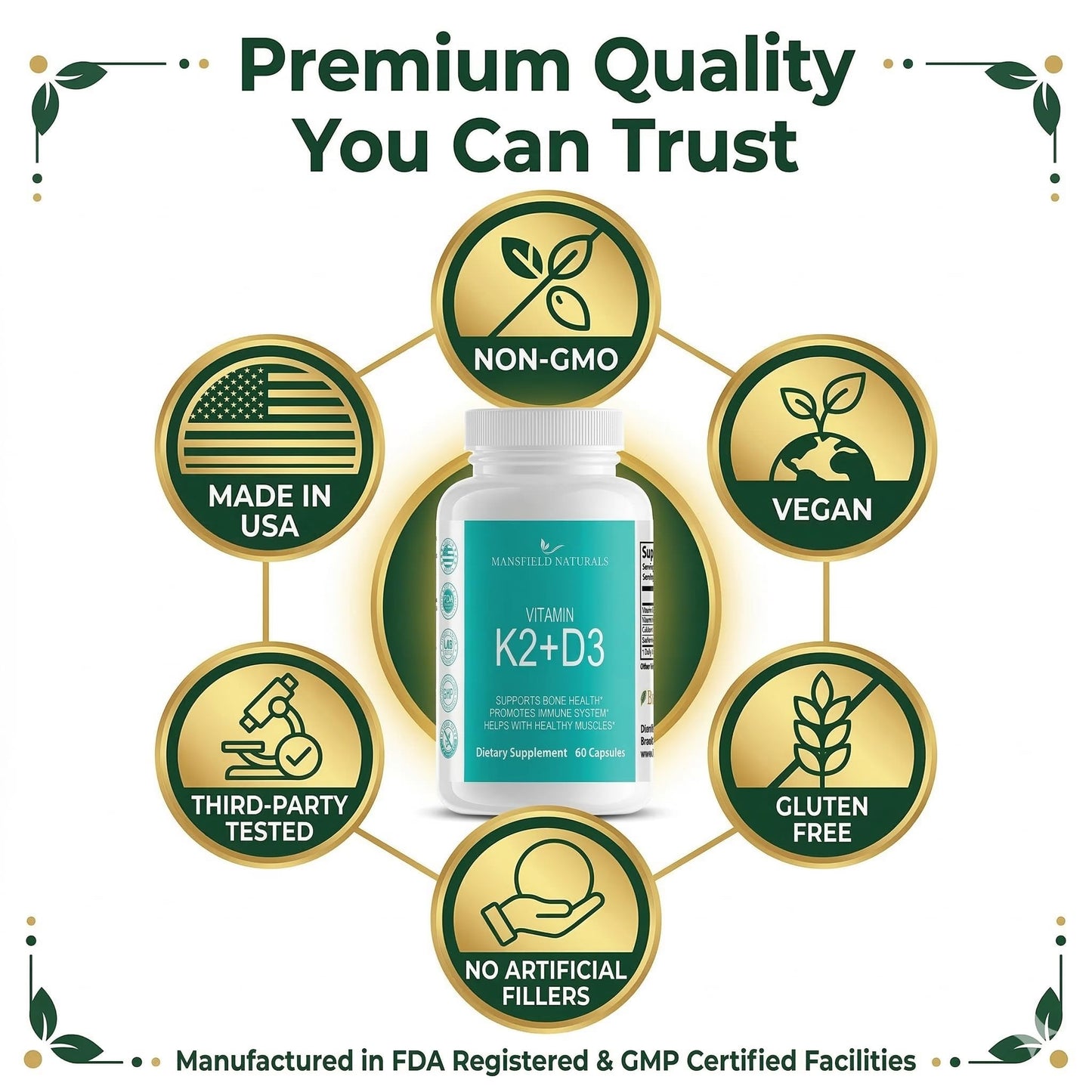 Mansfield Naturals Vitamin K2+ D3 with Calcium and BioPerine, 60 Capsules