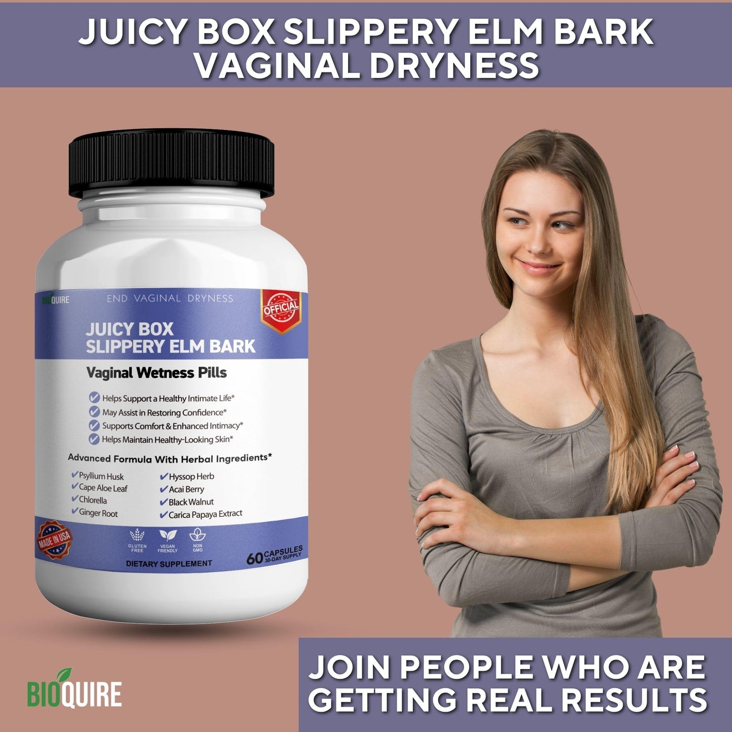BIOQUIRE Juicy Box Slippery Elm Bark Vaginal Wellness Supplement Capsule, 60 Veggie Capsules
