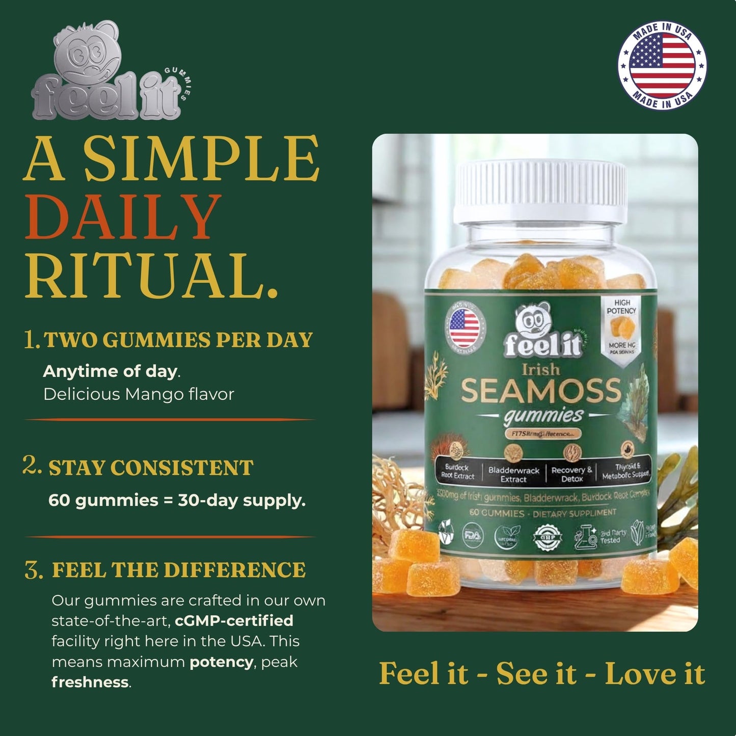 feel it GUMMIES High Potency Irish Sea Moss Gummies – 1750mg Raw Wildcrafted Irish Sea Moss with Bladderwrack & Burdock Root – Thyroid, Immune, Detox & Energy, 60 Gummies