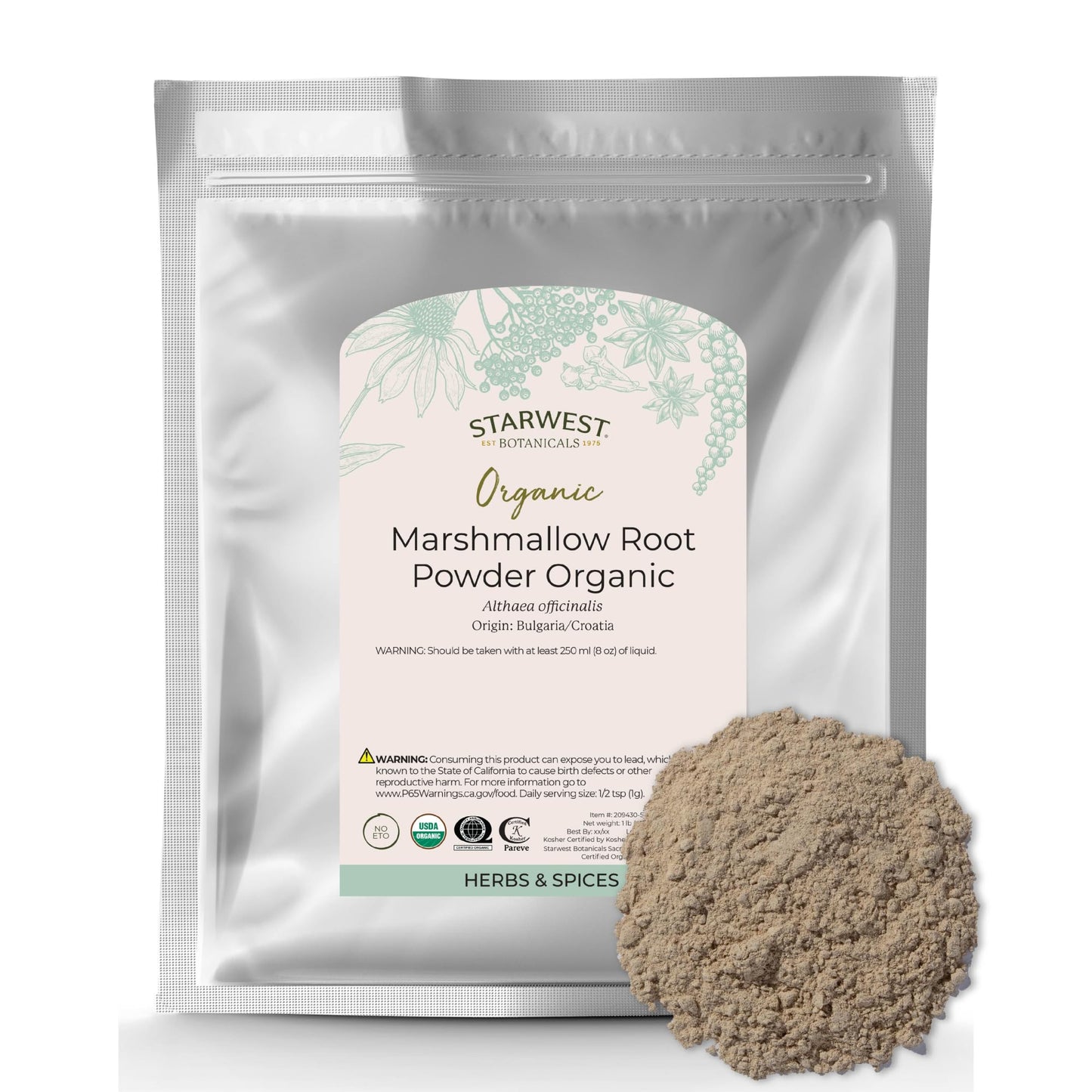 Starwest Botanicals Organic Marshmallow Root Powder, 16 Ounce