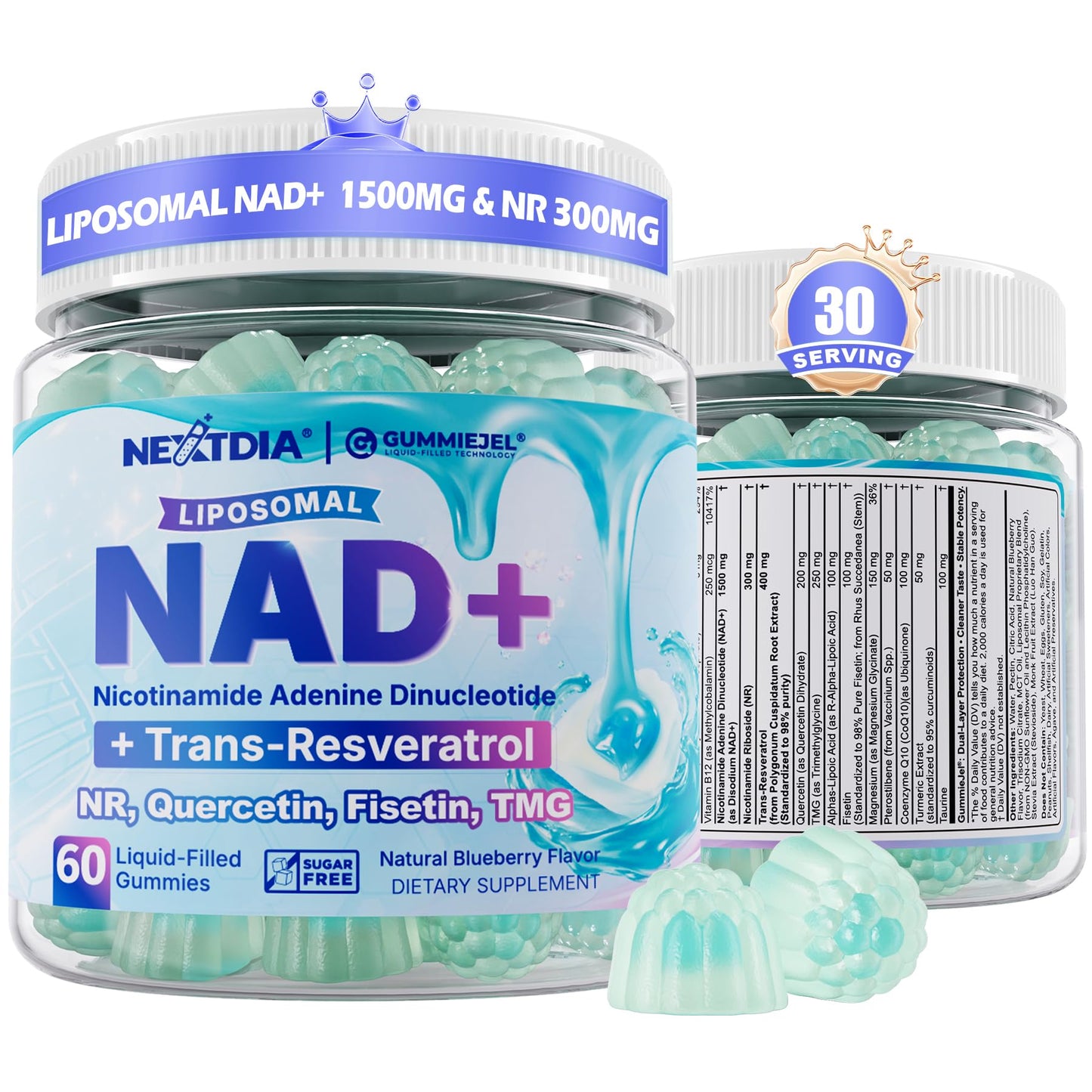 Nextdia 1500mg NAD+Resveratrol+Nicotinamide Riboside+Fisetin Gummies, 60 Count