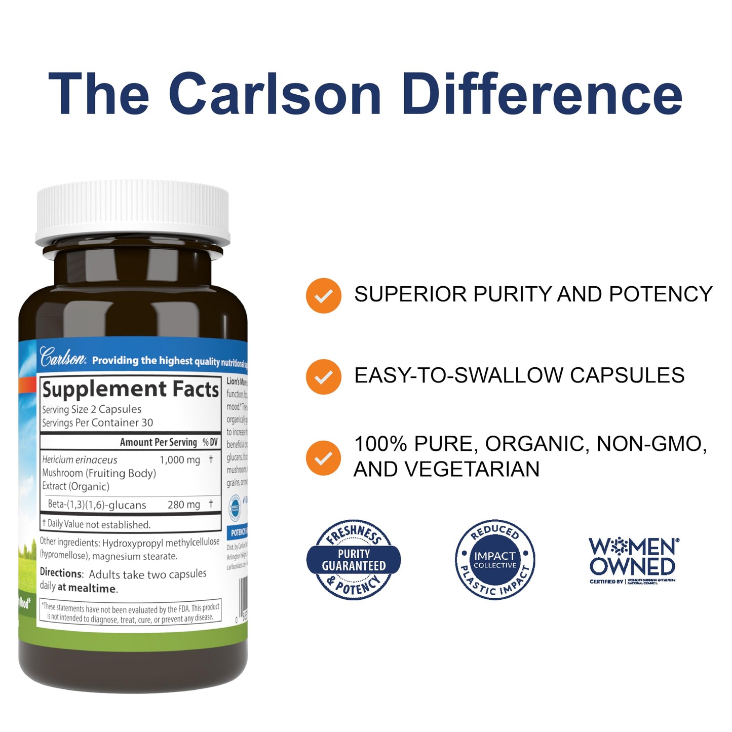 Carlson Lion's Mane Organic Mushroom Capsule, 60 Count