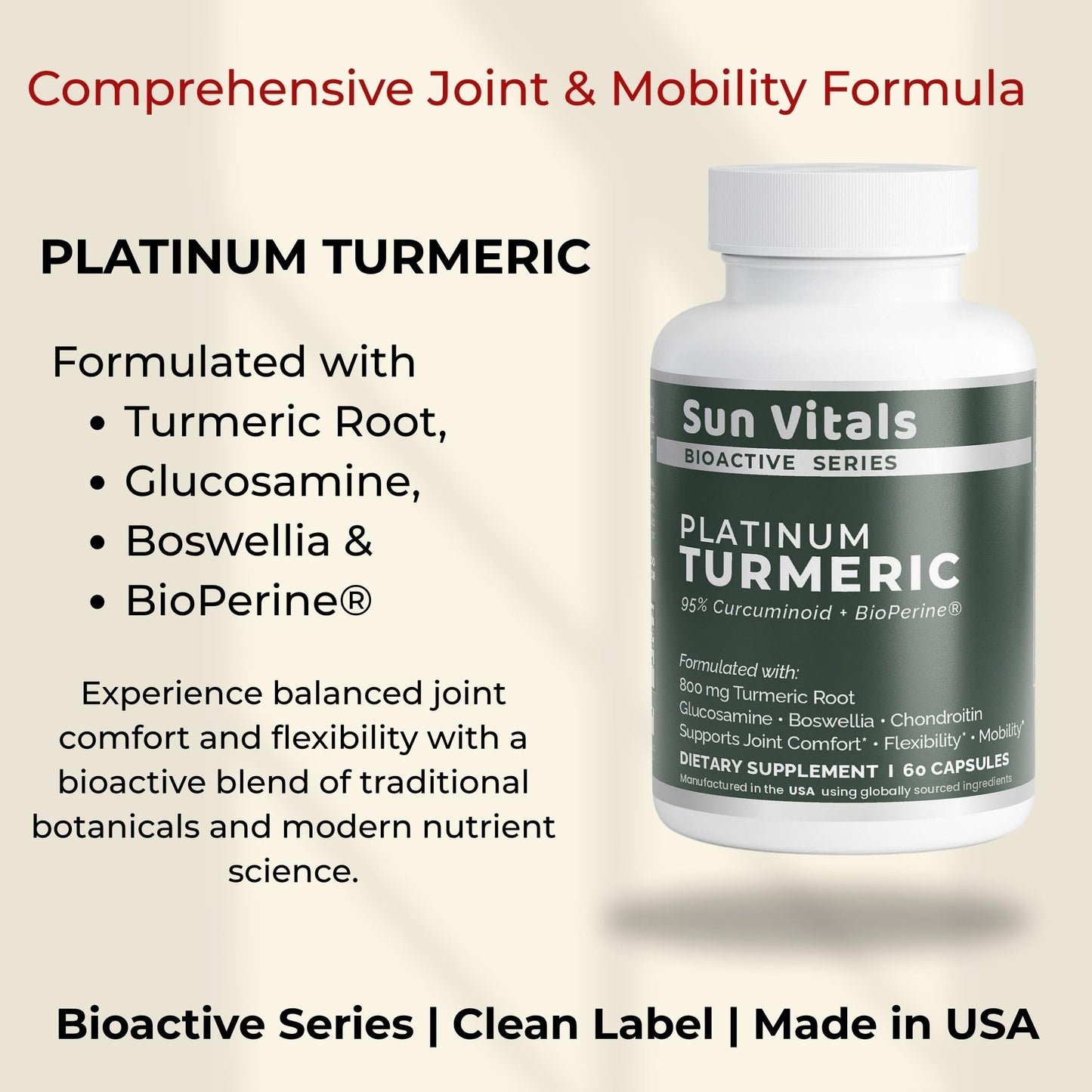 Sun Vitals Platinum Turmeric Complex 95% Curcuminoids with BioPerine, Glucosamine & Boswellia Capsules, 60 Count