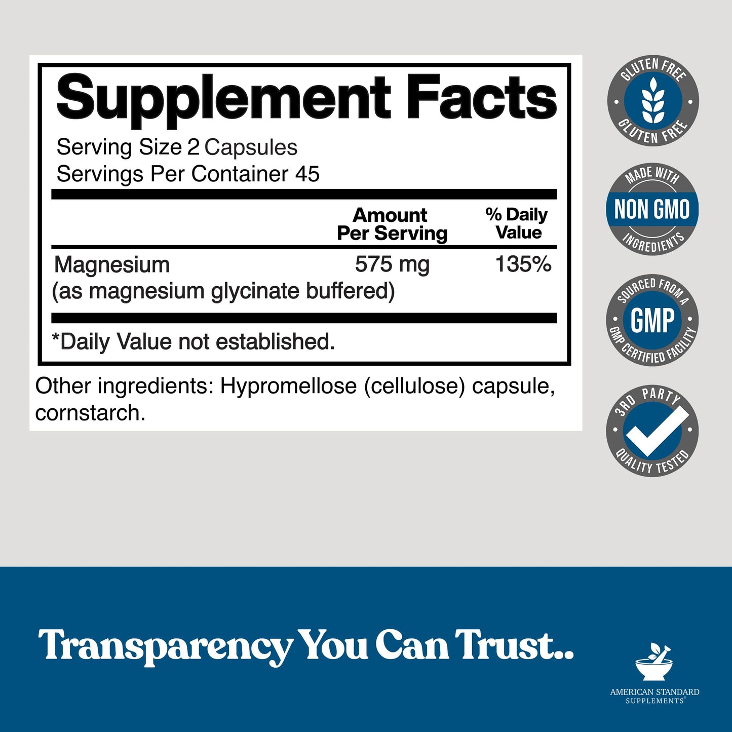 American Standard Supplements Magnesium Glycinate 575mg per Serving Capsule, 90 Count