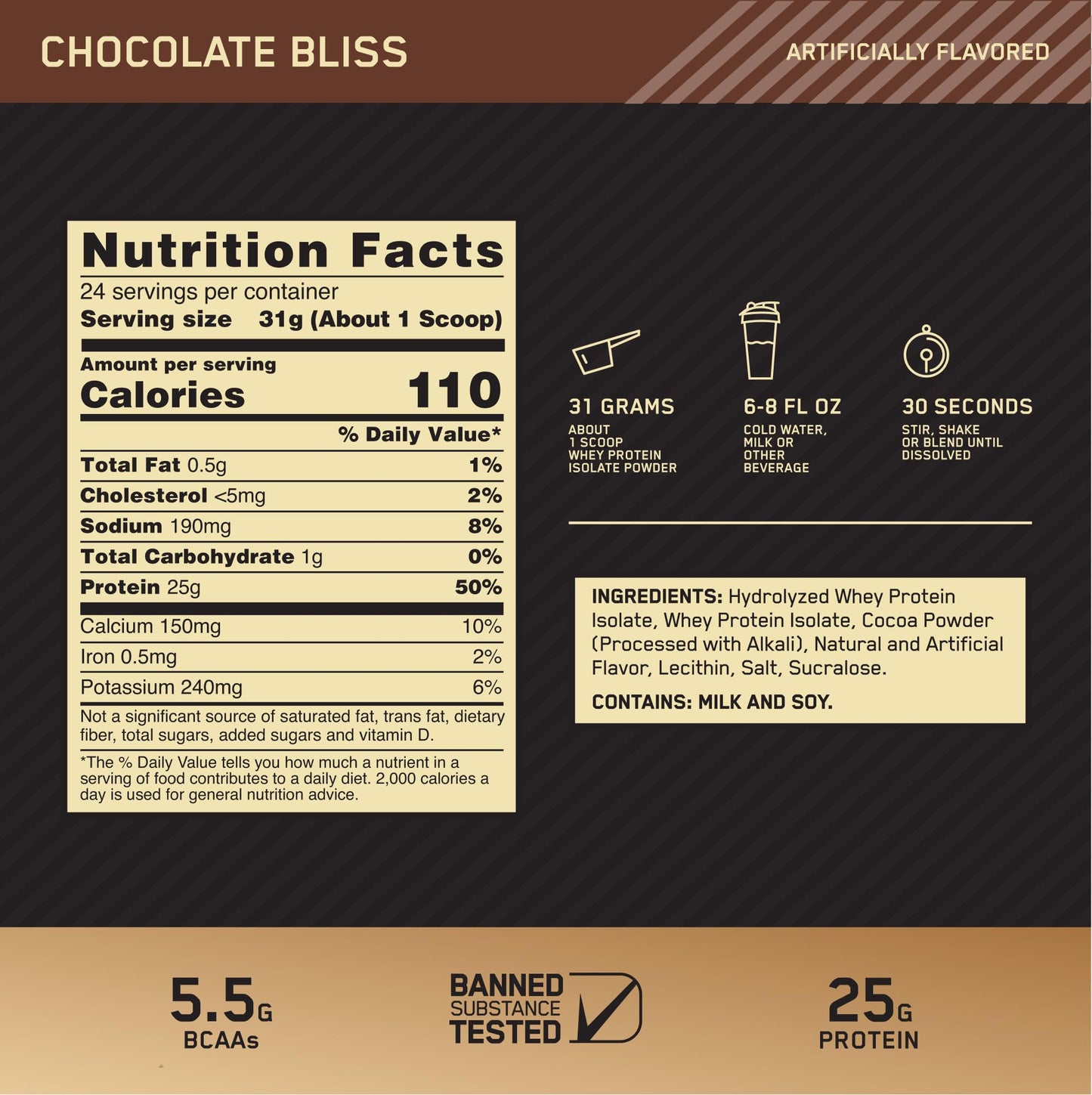 Optimum Nutrition Gold Standard 100% Isolate Whey Protein Powder, Chocolate Bliss, 24 Servings