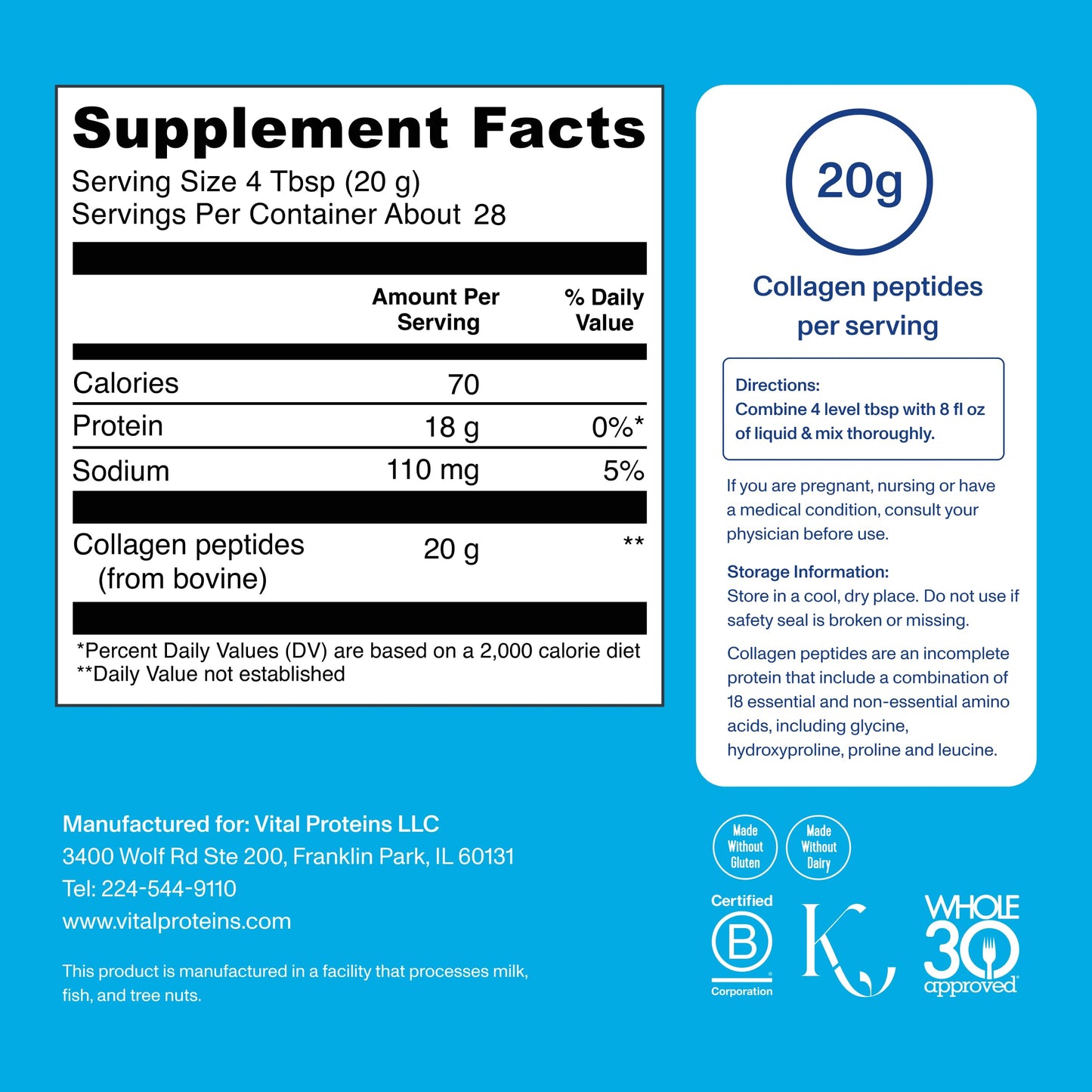Vital Proteins Grass Fed Collagen Peptides Powder, 20 oz