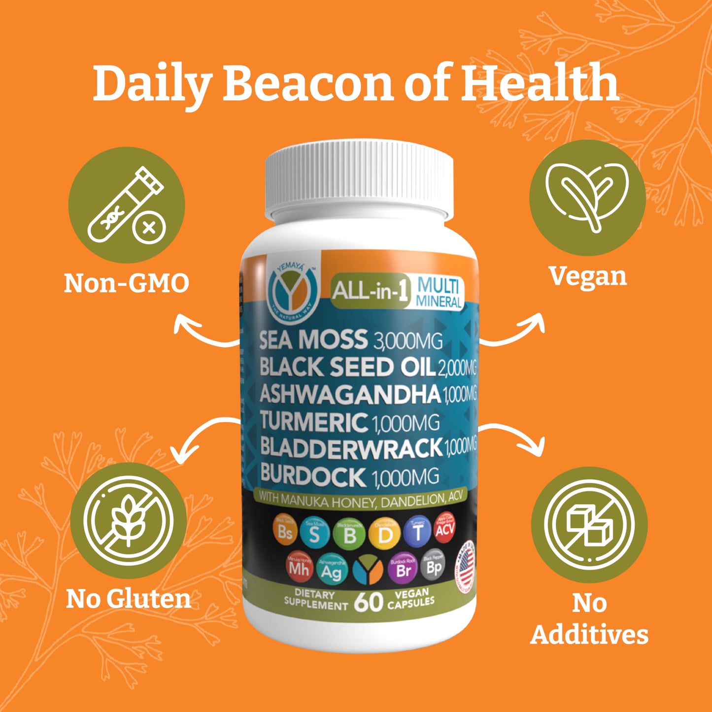 Yemaya The Natural Way All-in-1 Multi Mineral Sea Moss Raw Organic Supplement, 60 Capsules