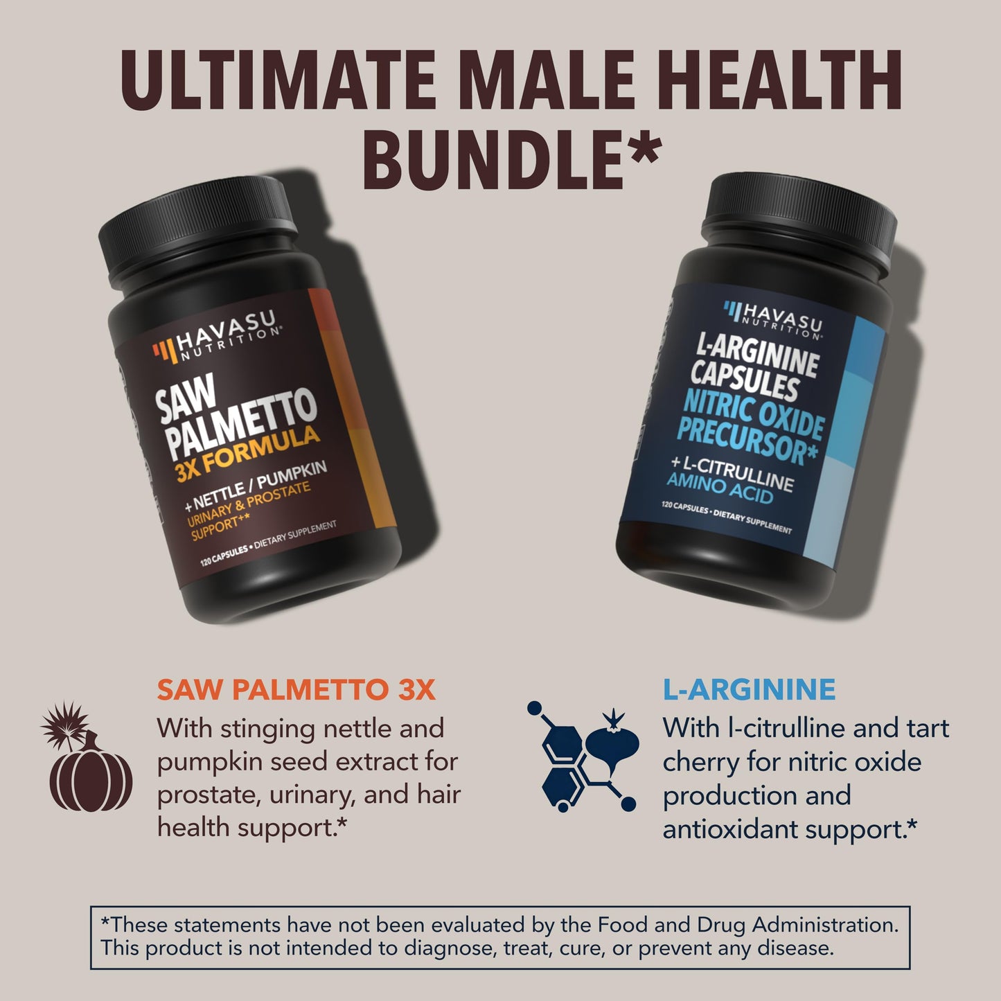 HAVASU NUTRITION Saw Palmetto with Nettle & Pumpkin + L-Arginine with L-Citrulline Capsules, 240 Count