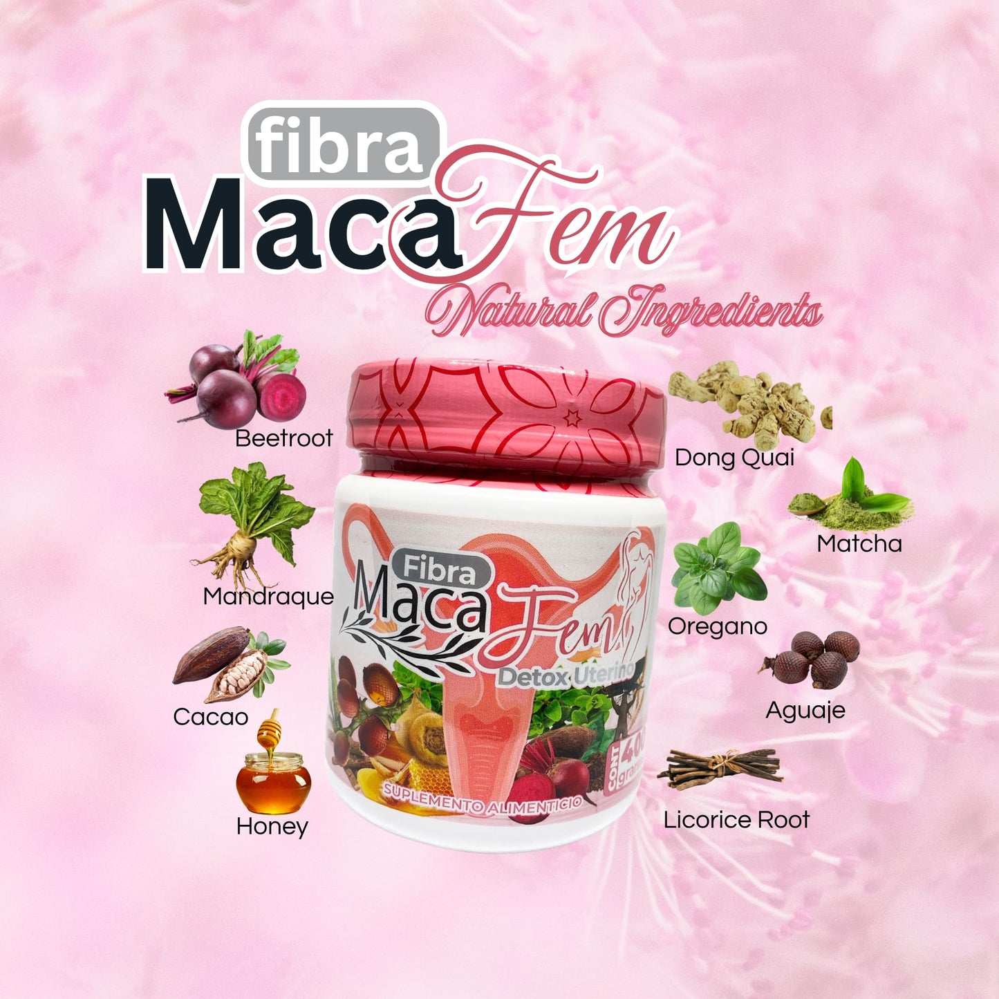 Generic Dendas MacaFem Fibra Herbal Fiber Supplement for Women, Powder, 14 oz