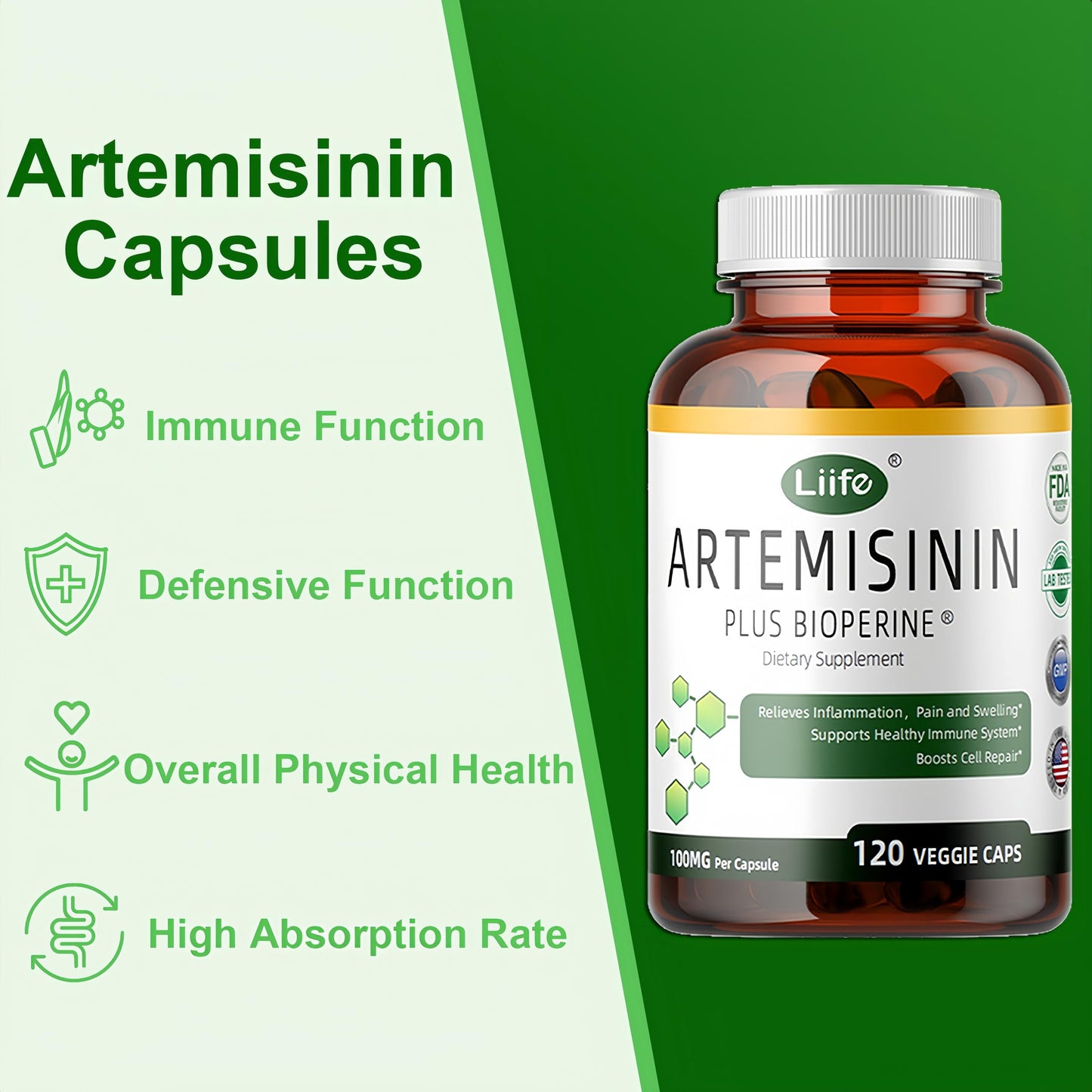 LIIFE Artemisinin (from Sweet Wormwood) with Bioperine, 100mg Capsules, 120 Count